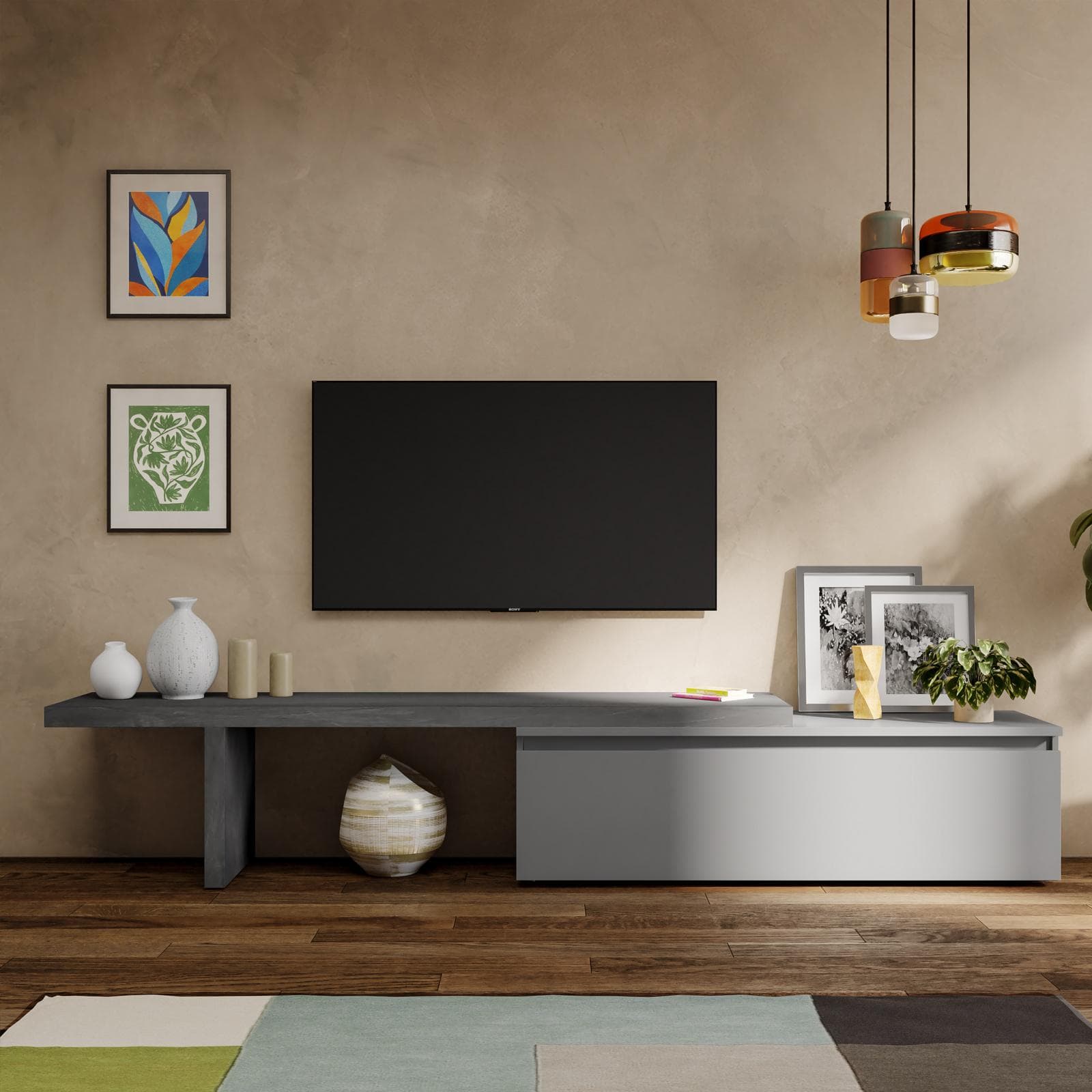 Mobile porta tv 184-270x44h cm piombo con cassettone ardesia - Clary