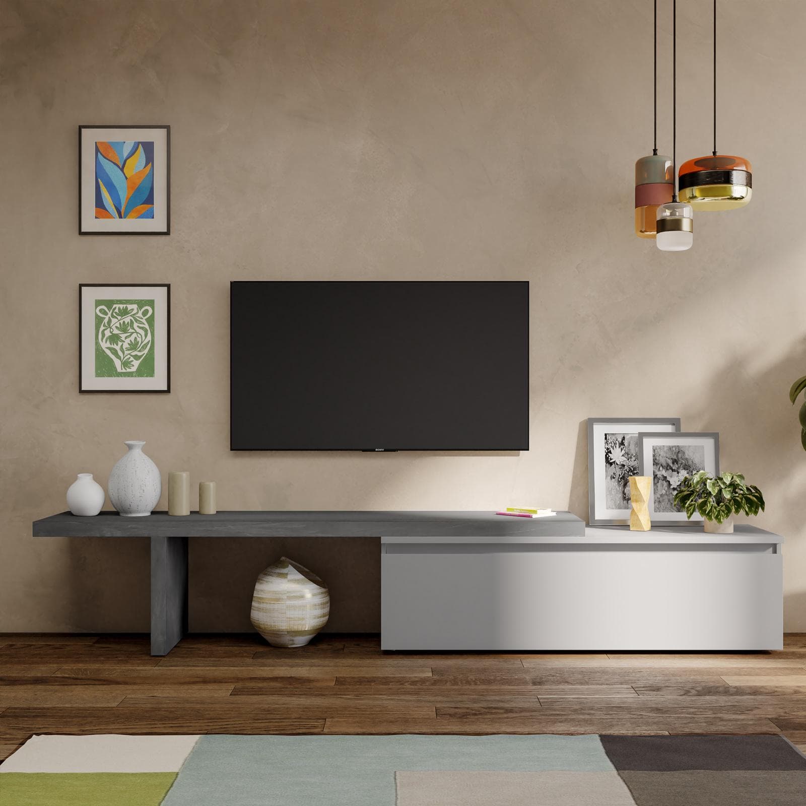 Mobile porta tv 184-270x44h cm piombo con cassettone gesso - Clary