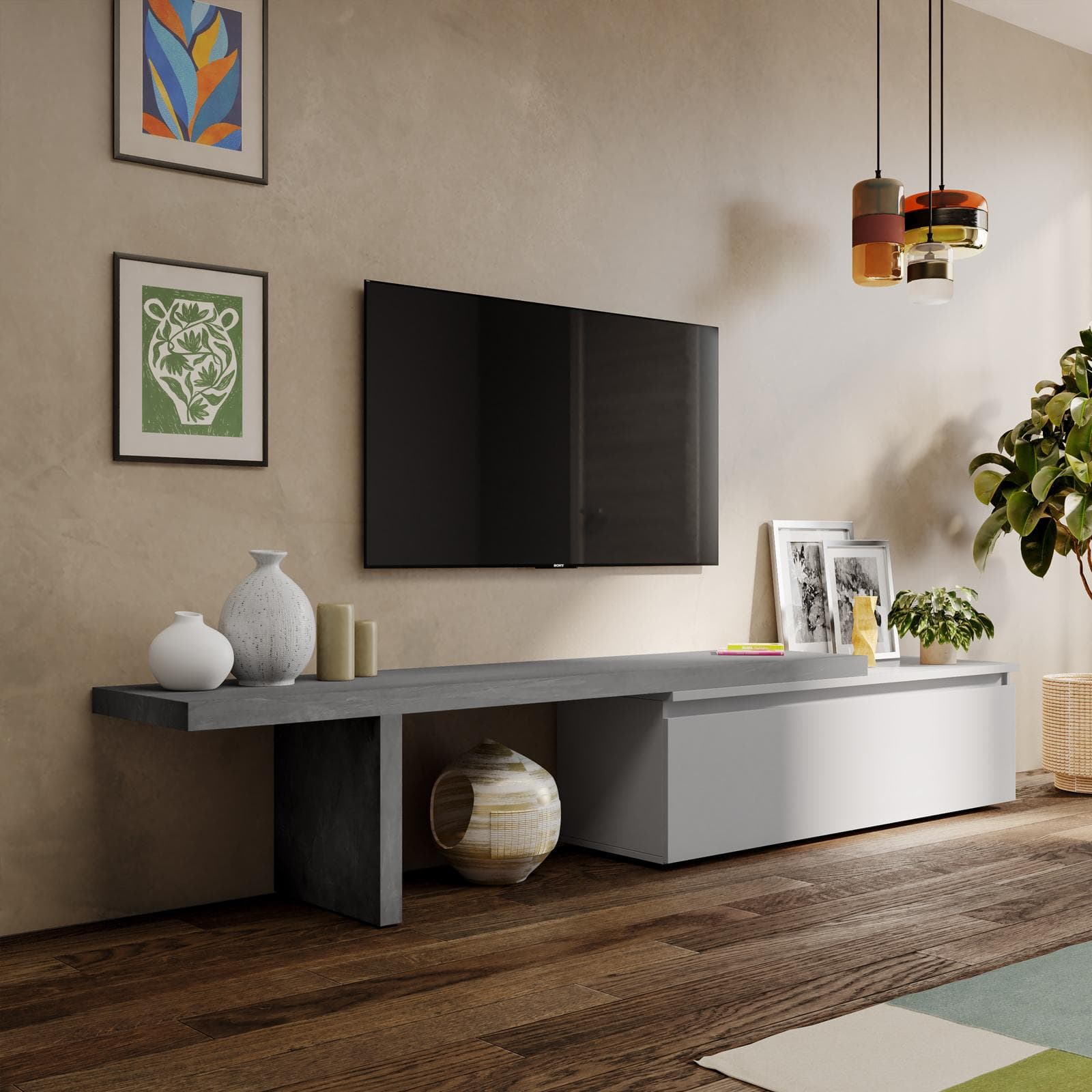 Mobile porta tv 184-270x44h cm piombo con cassettone gesso - Clary