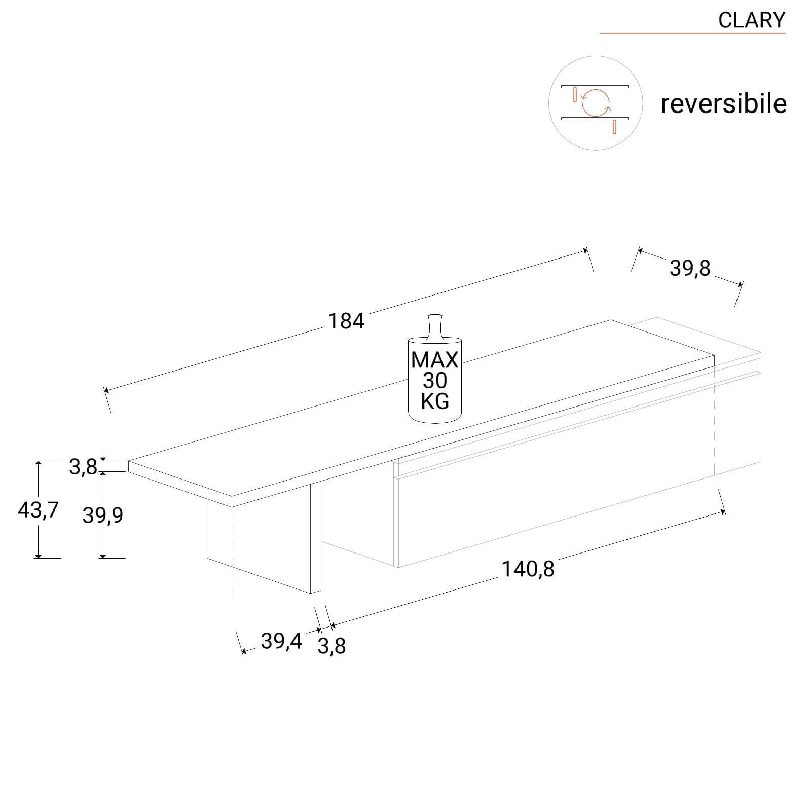 Mobile porta tv 184-270x44h cm piombo con cassettone gesso - Clary