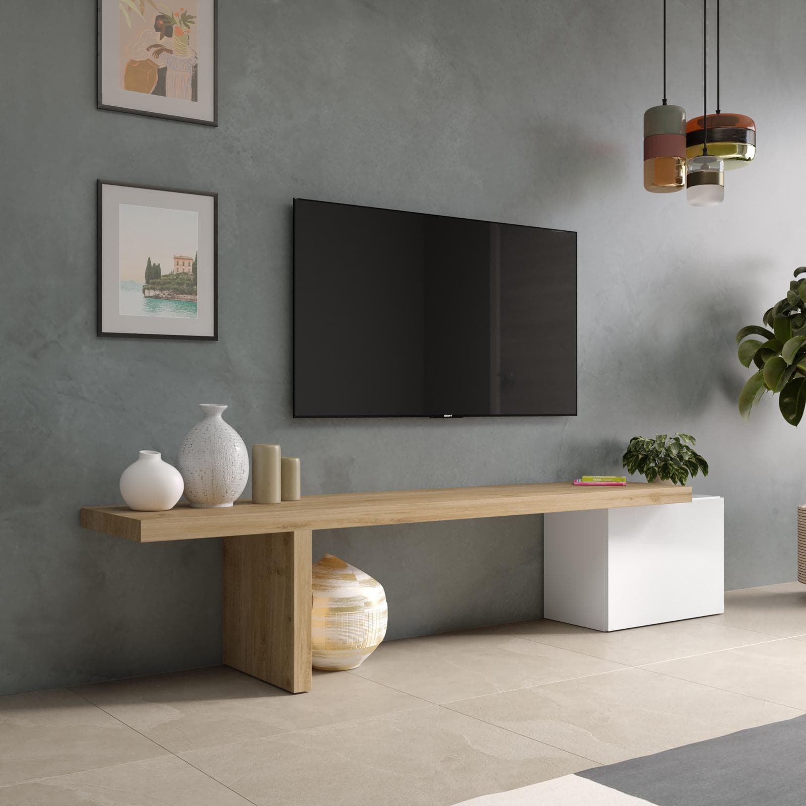 Mobile porta tv 184-230x44h cm cadiz e bianco lucido con 1 anta - Clary