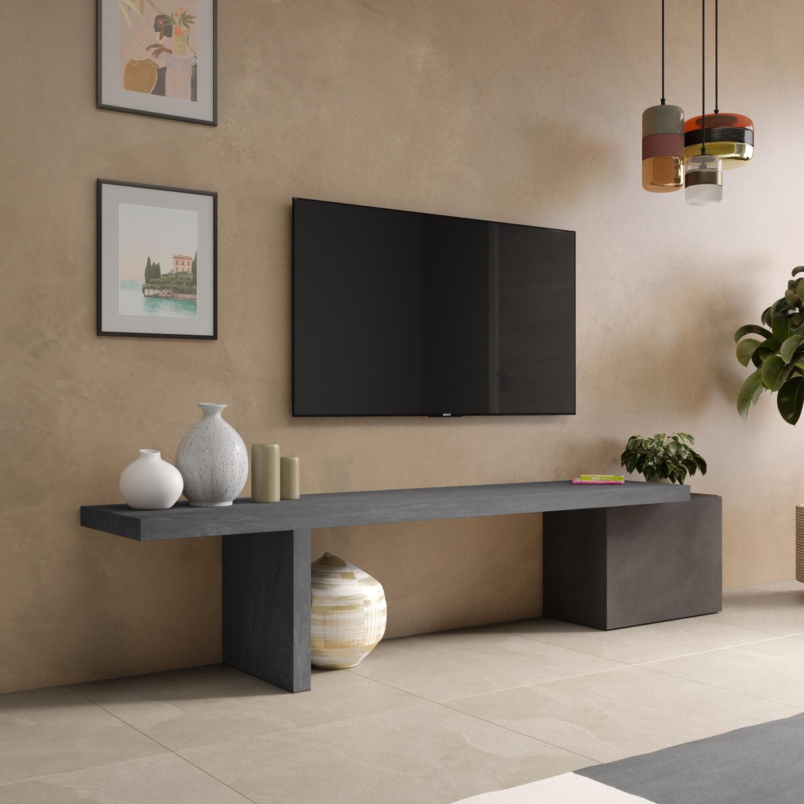 Mobile porta tv 184-230x44h cm piombo e lava con 1 anta - Clary