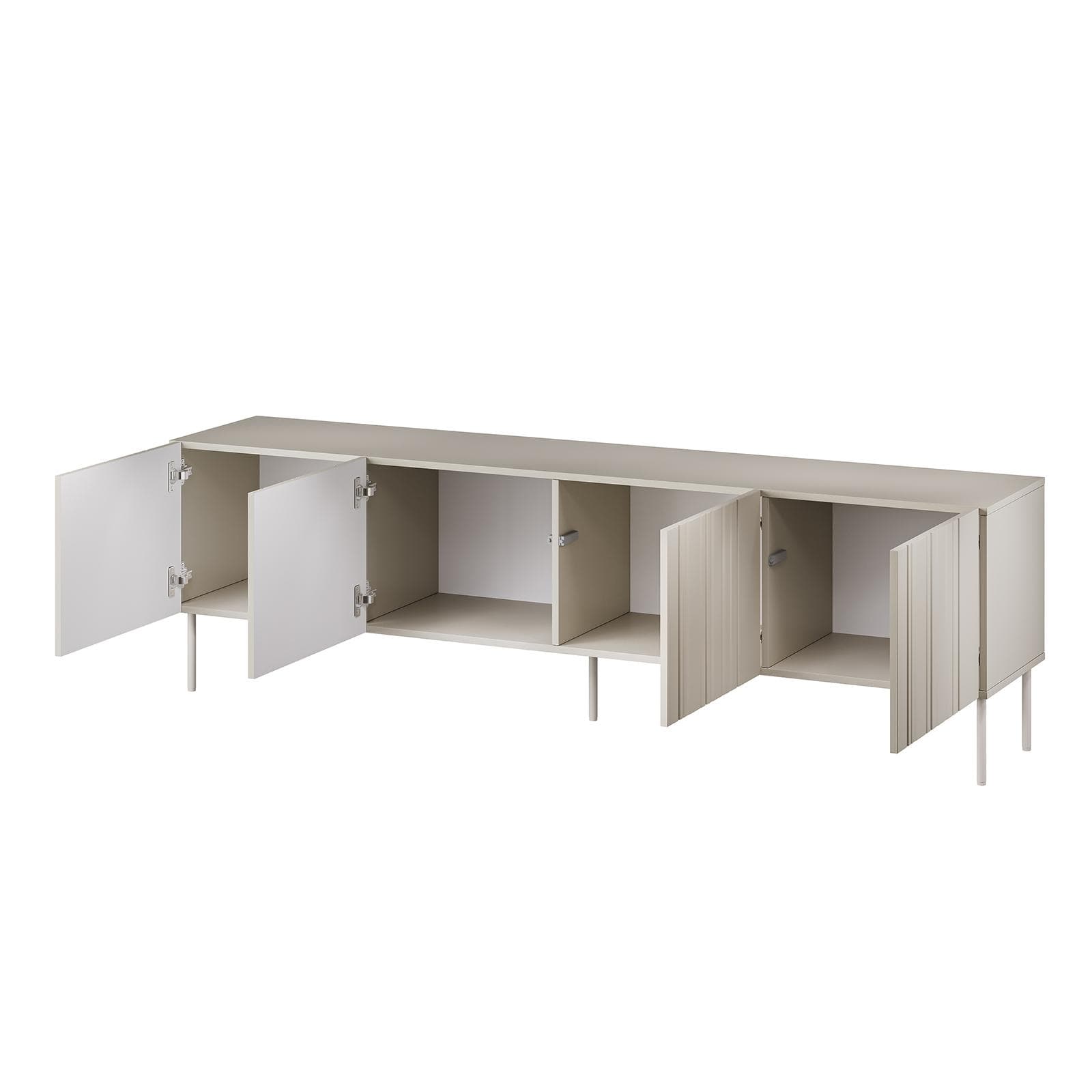 Mobile porta tv 200x60h cm cashmere cannettato alternato con 4 ante e piedi in metallo finitura opaca - Gladys