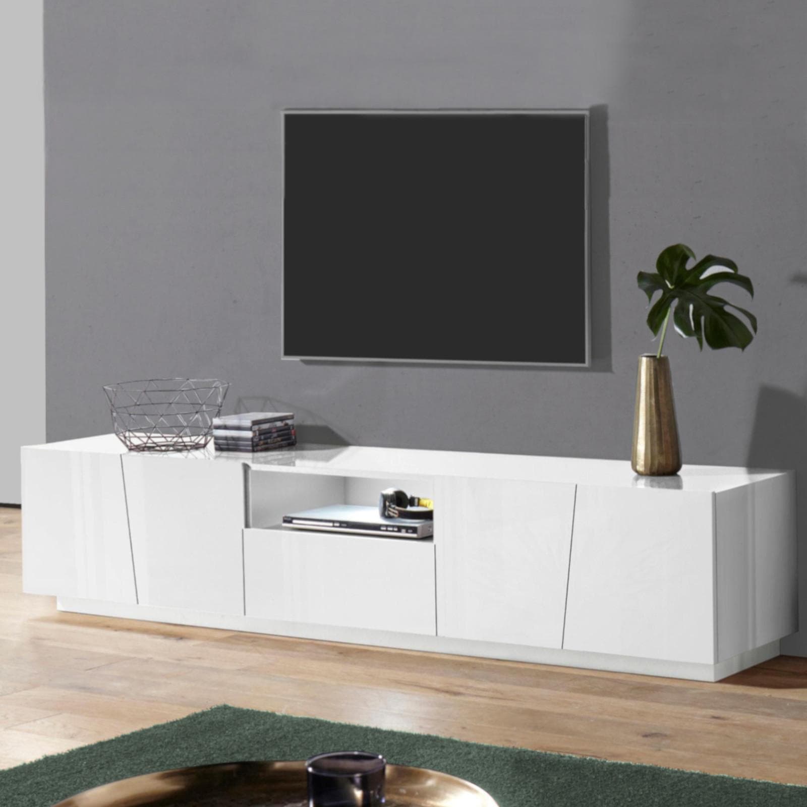 Mobile porta tv 220 cm con 4 ante e 1 cassetto in legno bianco lucido - Meg