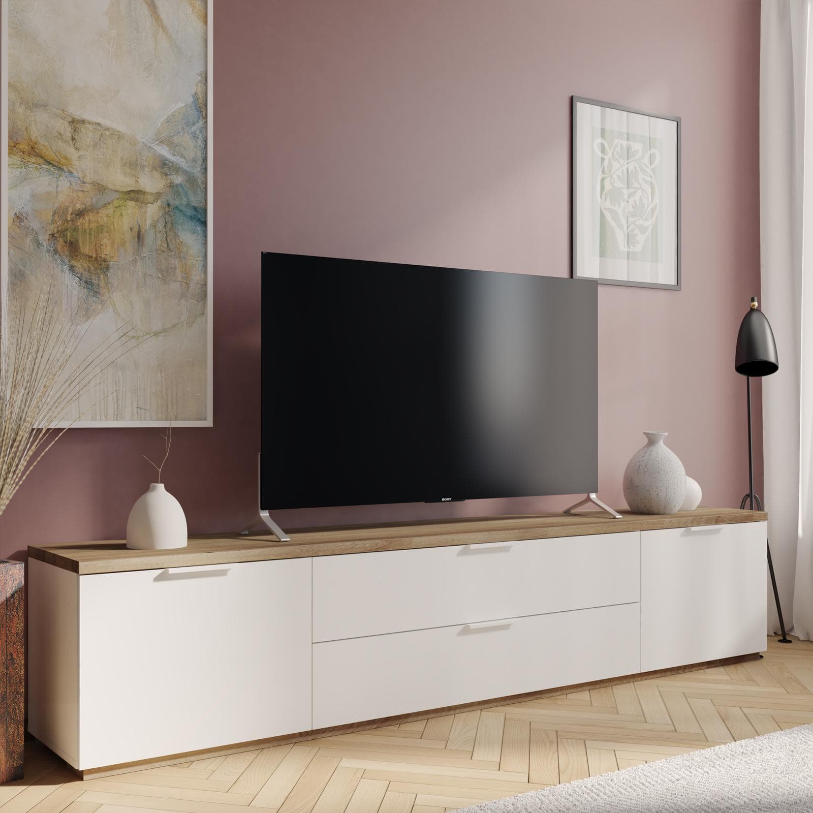 Mobile porta tv 240x41 cm in legno bianco lucido e rovere artisan - Boras living