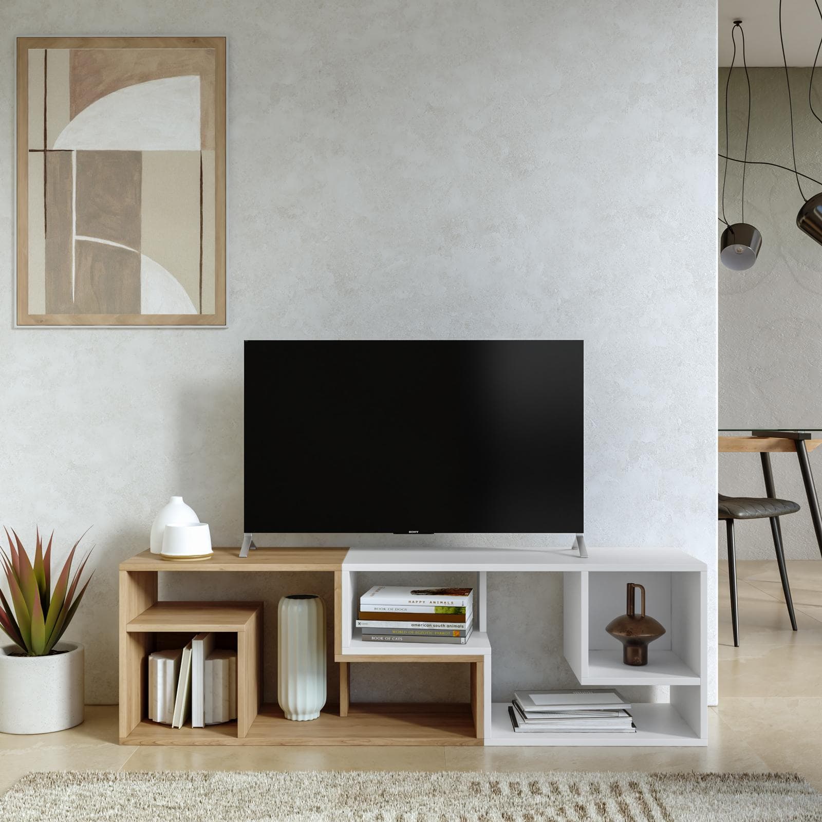 Mobile porta tv 145 cm lineare o angolare bianco e rovere - Mairi