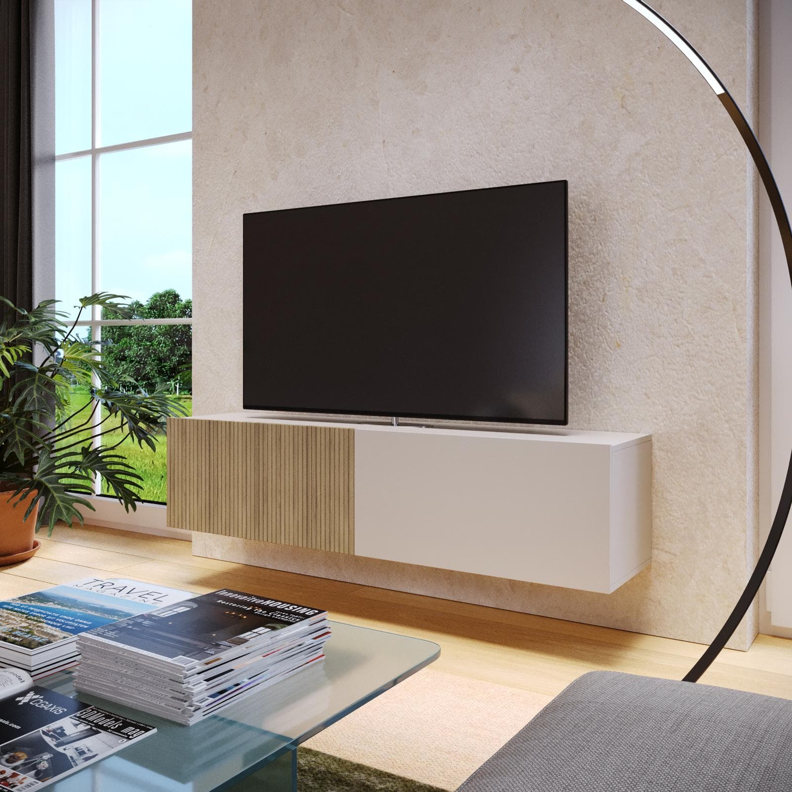 Mobile porta tv sospeso 135x32h cm cashmere e rovere albini cannettato con 2 ante - Zelma