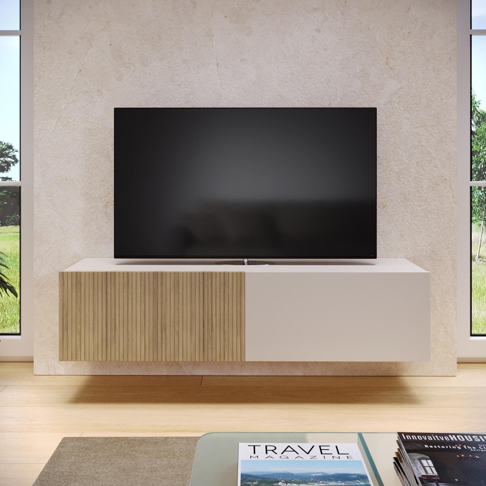 Mobile porta tv sospeso 135x32h cm cashmere e rovere albini cannettato con 2 ante - Zelma