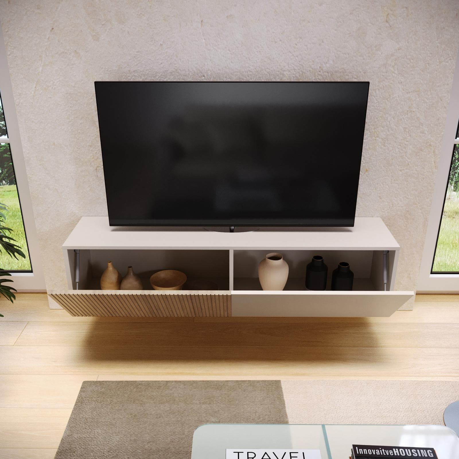 Mobile porta tv sospeso 135x32h cm cashmere e rovere albini cannettato con 2 ante - Zelma