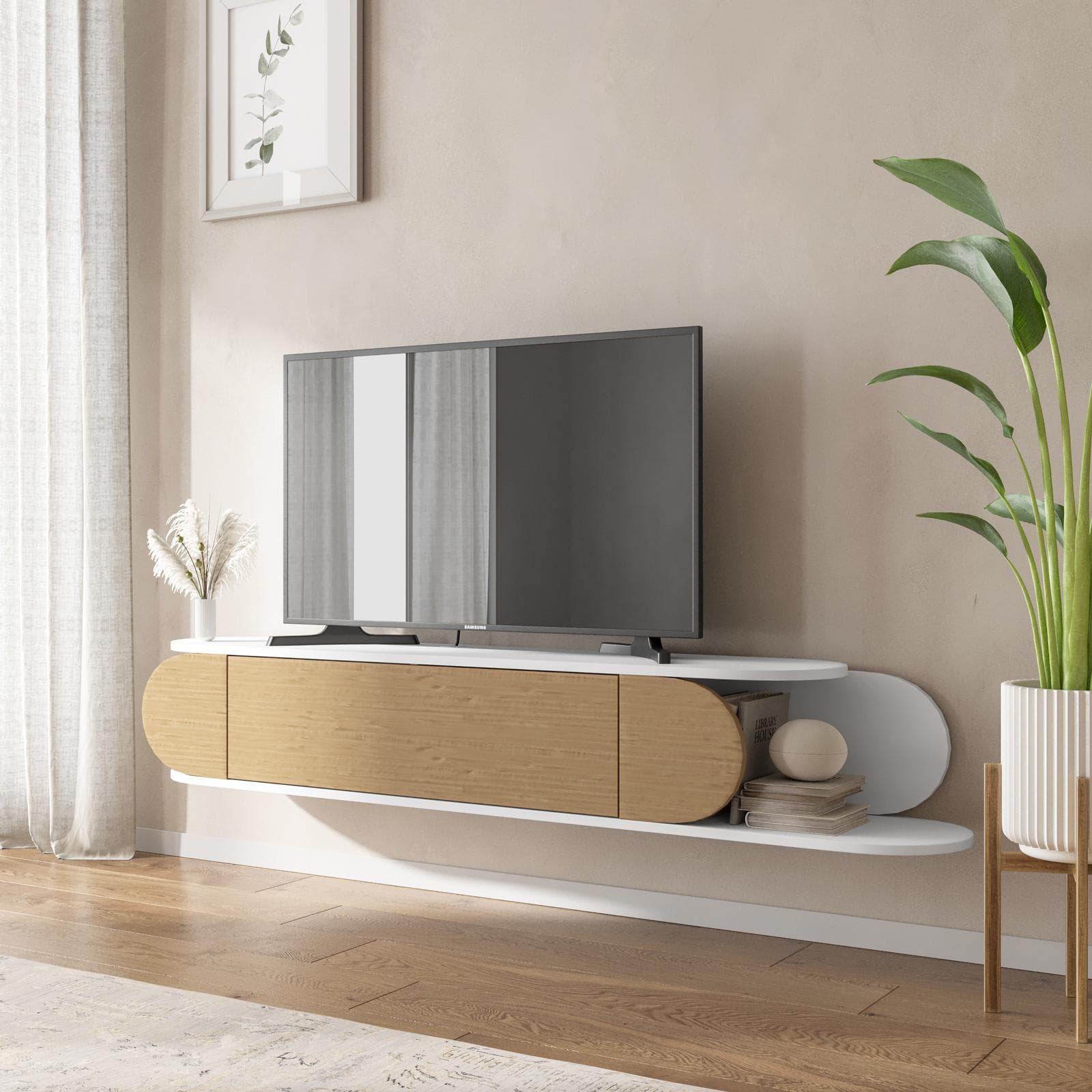 Mobile porta tv sospeso 180x30h cm bianco e rovere con 1 anta a ribalta - Lorna