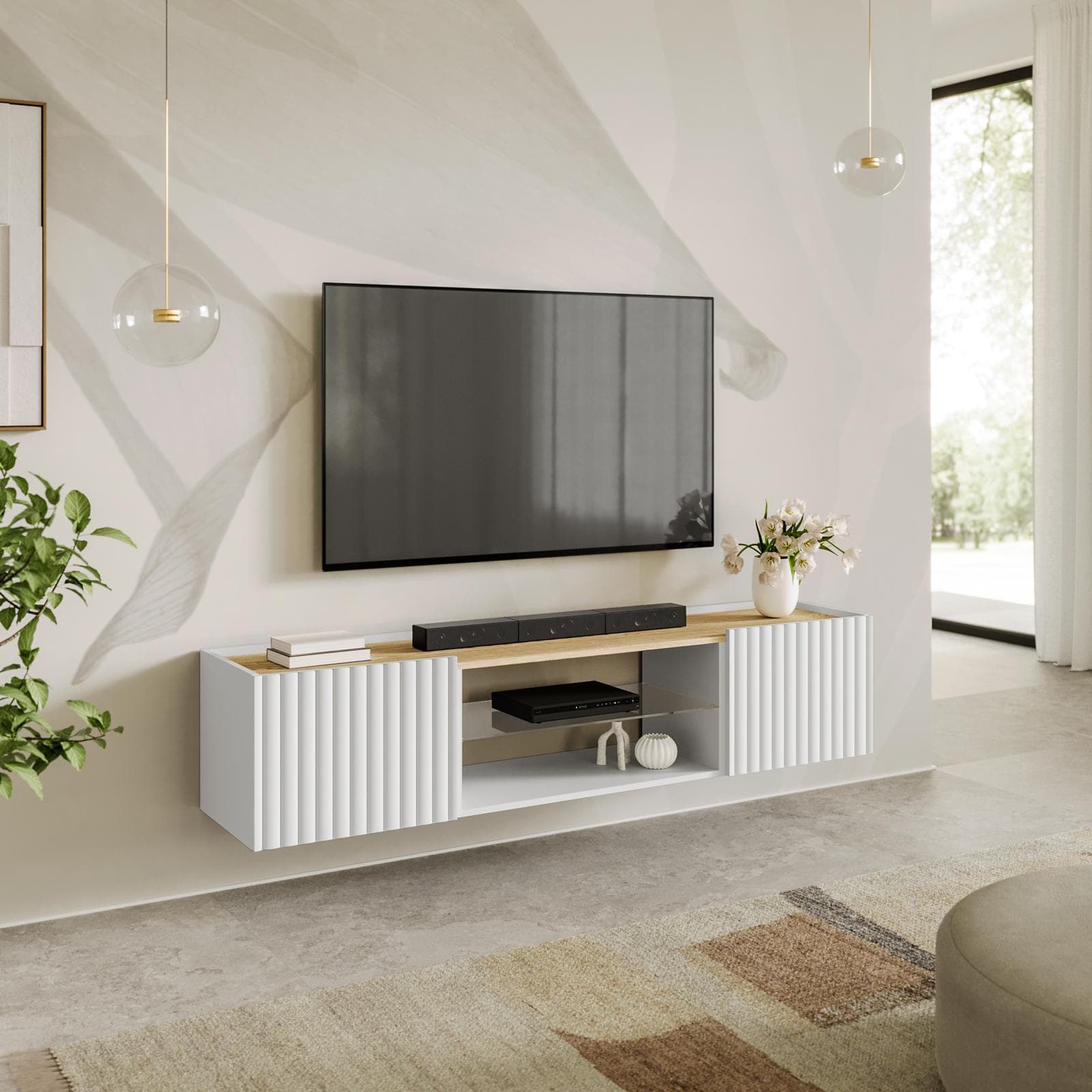 Mobile porta tv sospeso 180x39h cm top effetto rovere e 2 ante bianco cannettato ad onda - Isolde