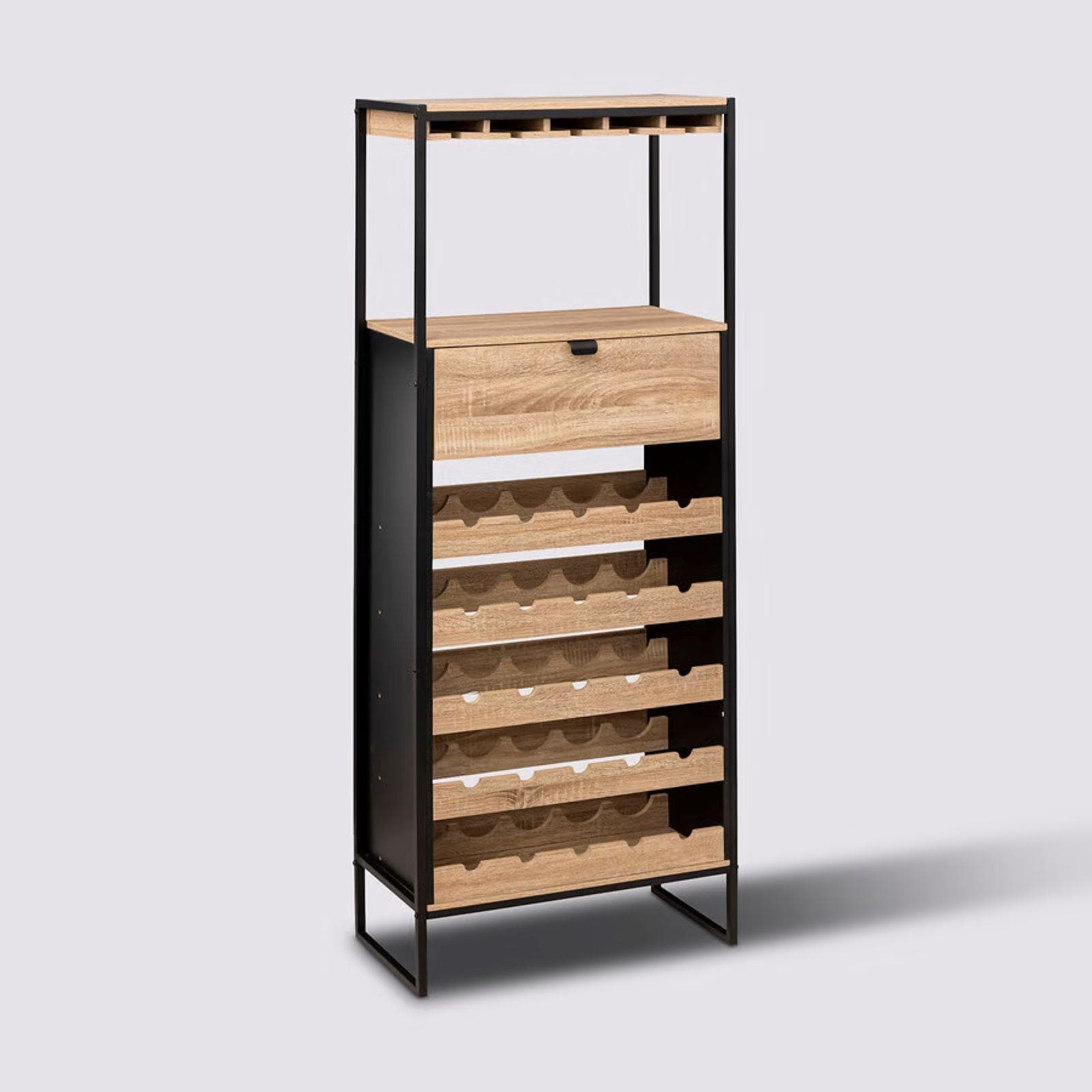 Mobile portabottiglie 160h cm effetto rovere e acciaio nero con portabicchieri - Emyl