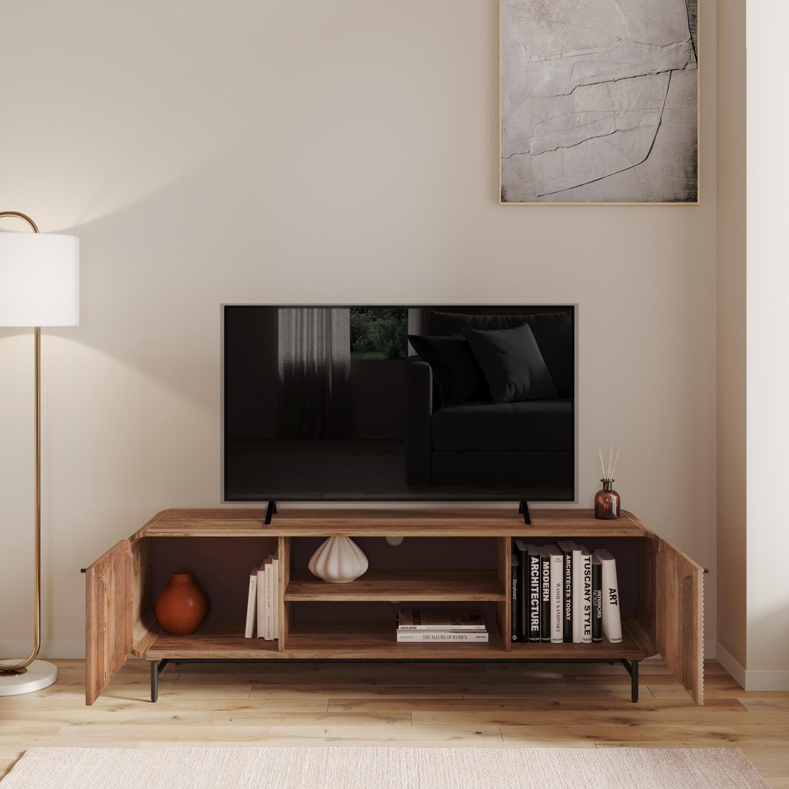 Mobile prota tv 160x50h cm in legno di mango cannettato con 2 ante - Mumbai