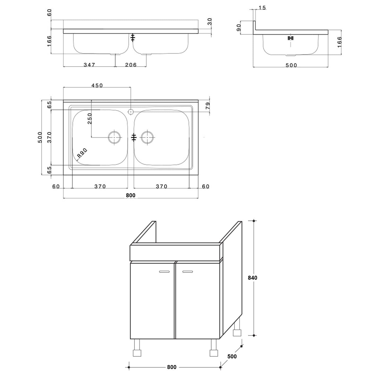 Mobile sottolavello bianco 80x50 + lavello inox 2 vasche