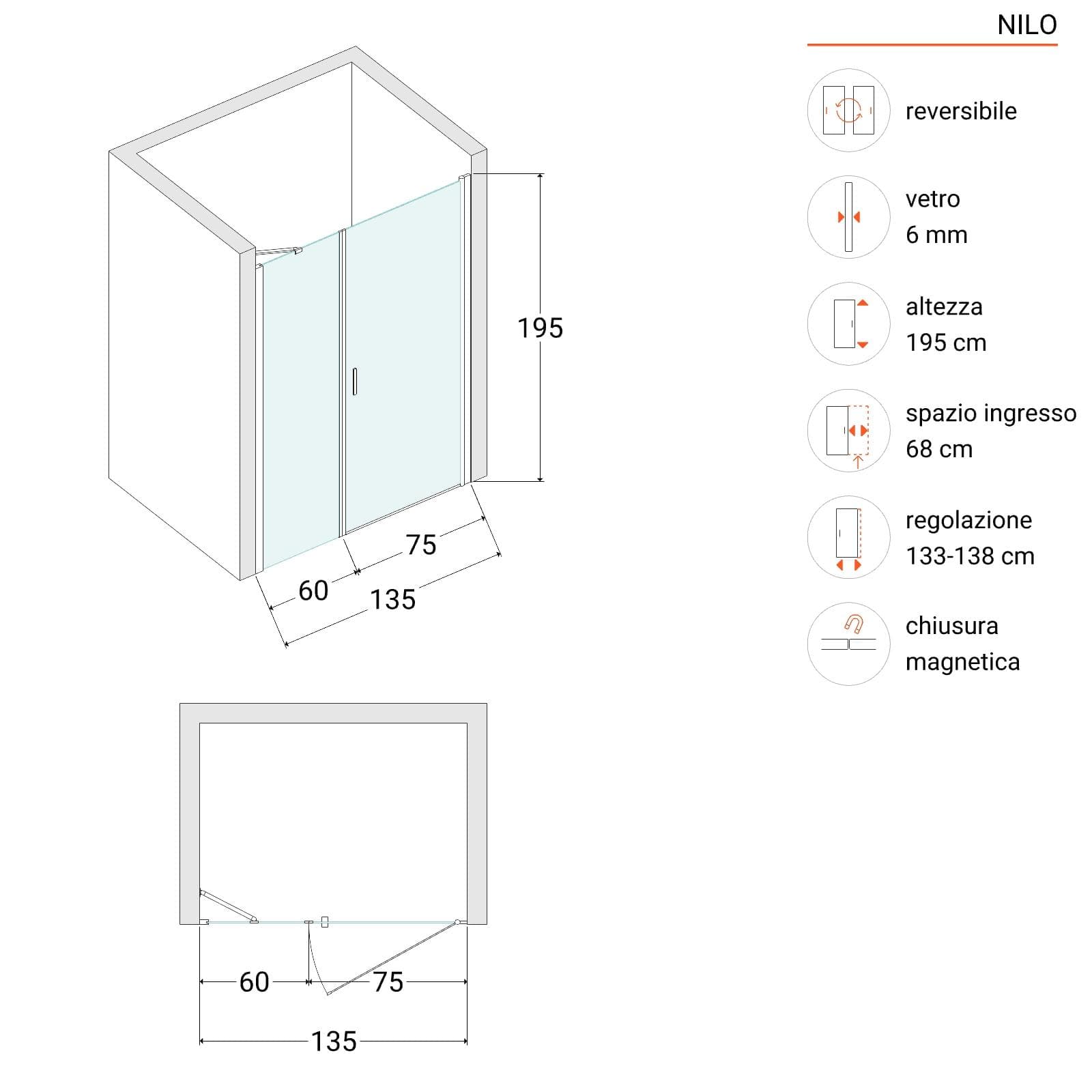 Box doccia nicchia 135 cm porta battente 75 cm con lato fisso trasparente 195h - Nilo