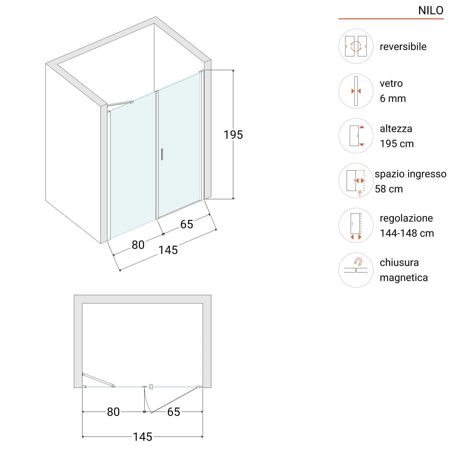 Box doccia nicchia doccia 145 cm porta battente 65 cm con lato fisso trasparente - Nilo