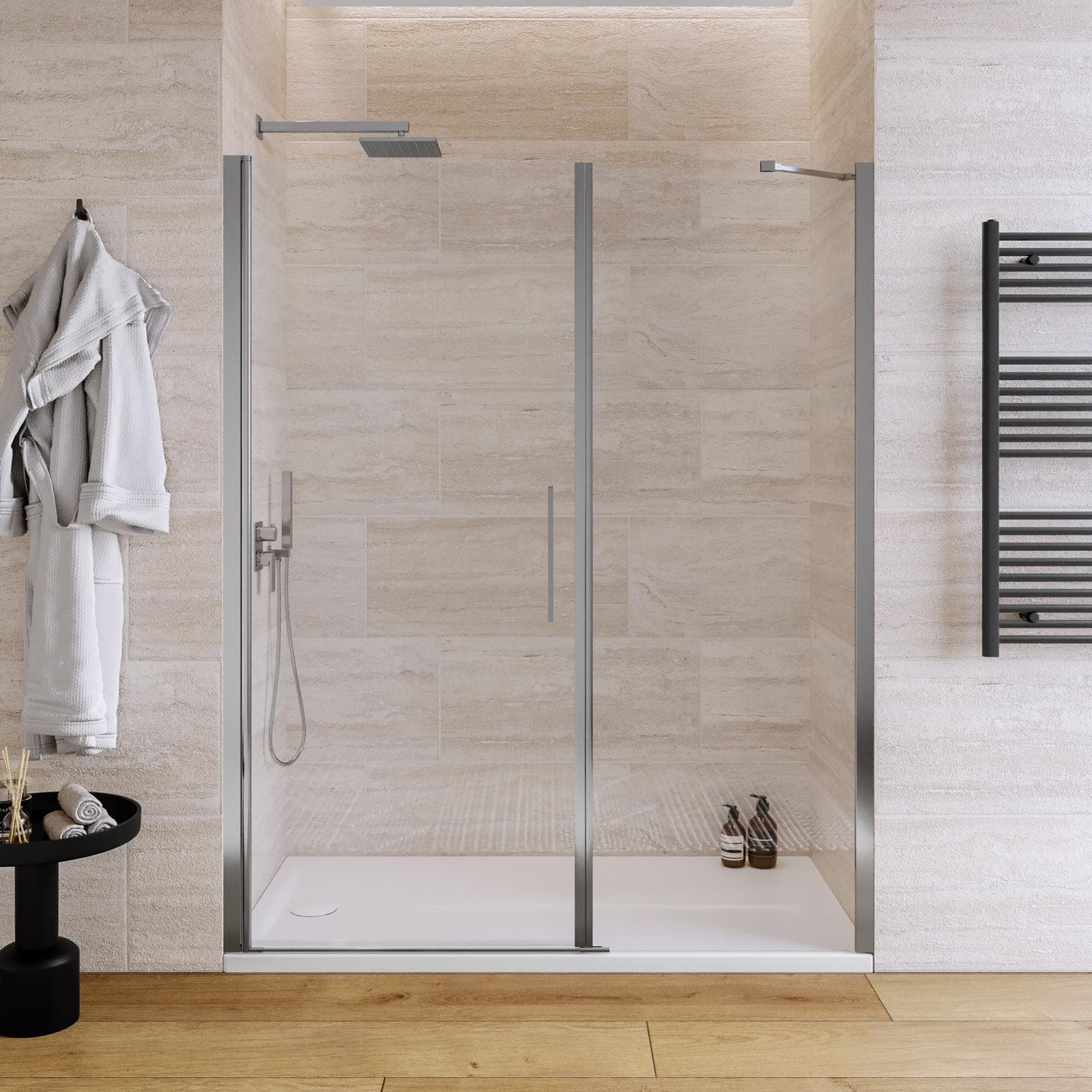 Box doccia nicchia 155 cm battente 85 cm e lato fisso con vetro temperato trasparente e profilo cromo 195h - Nilo