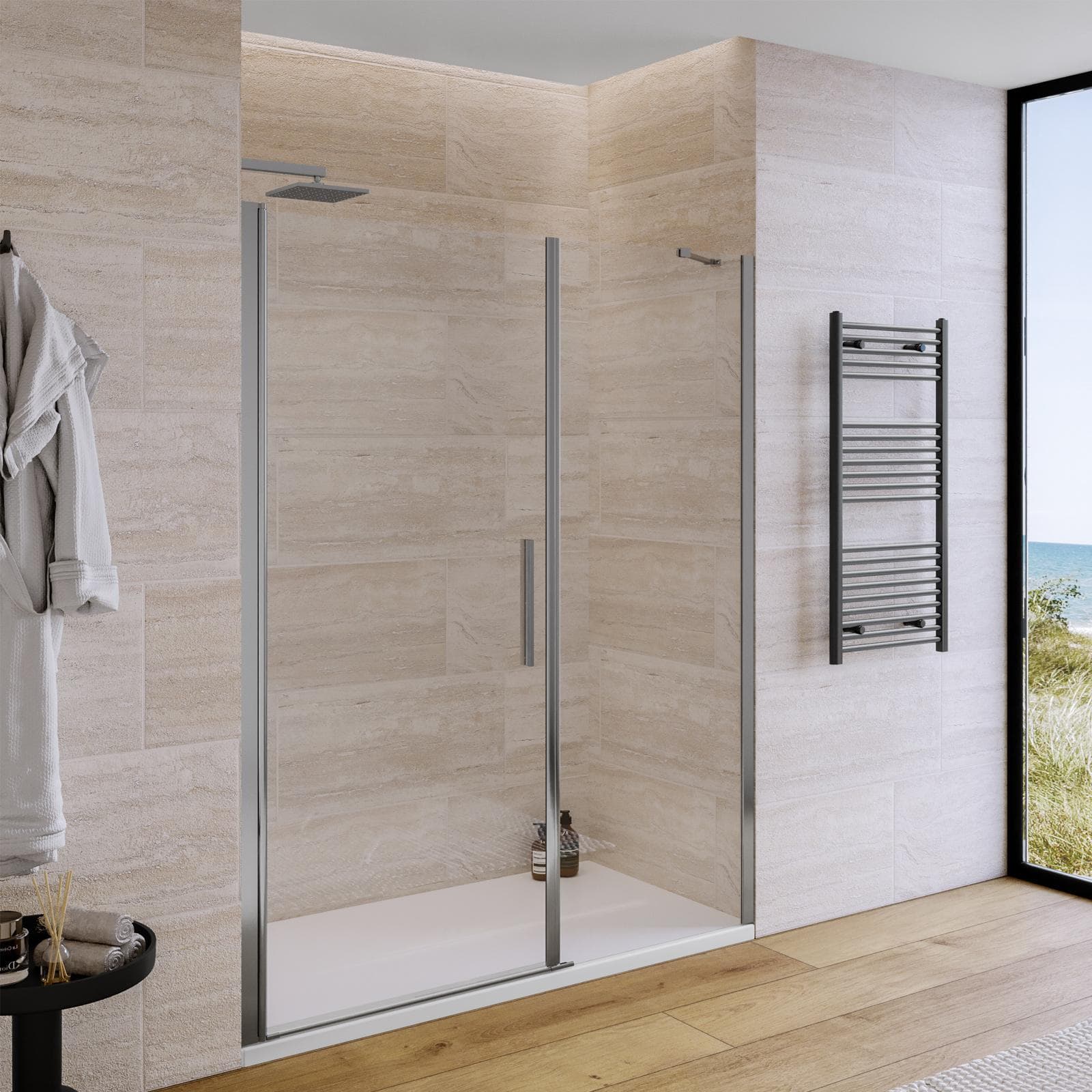 Box doccia nicchia 160 cm battente 85 cm e lato fisso con vetro temperato trasparente e profilo cromo 195h - Nilo