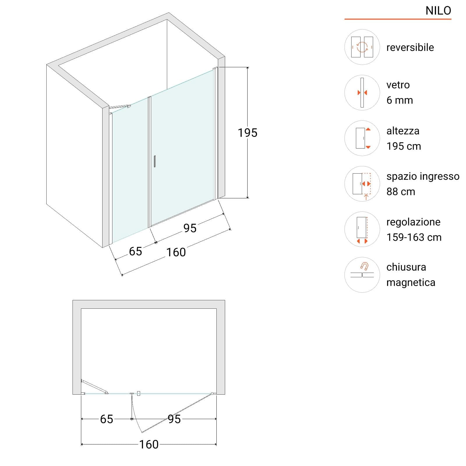 Box doccia nicchia 160 cm con porta battente 100 cm e lato fisso trasparente 195h - Nilo