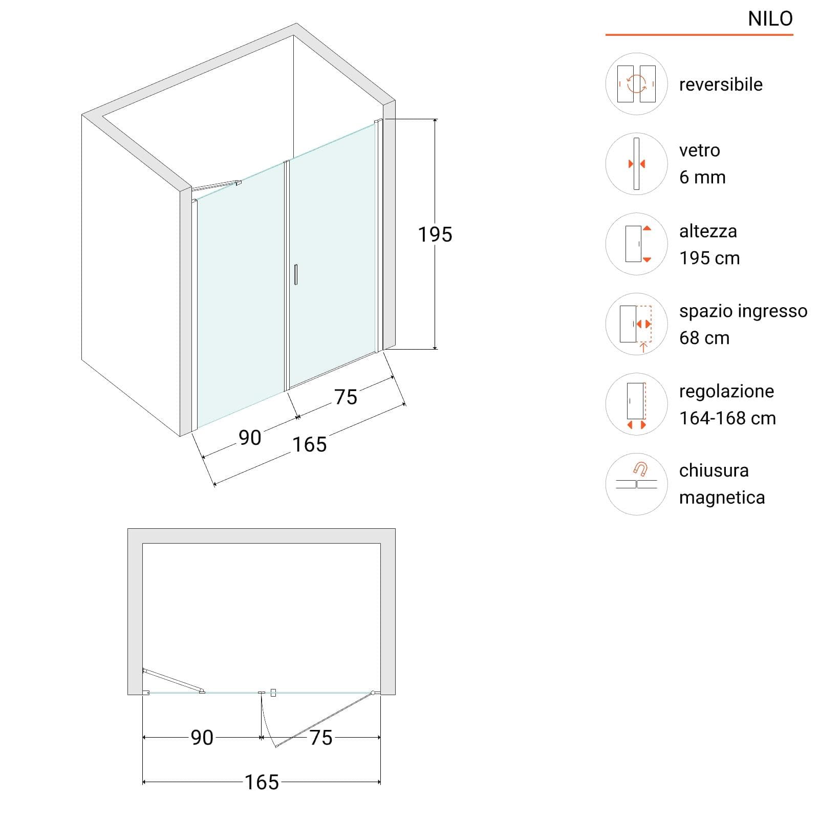 Box doccia nicchia 165 cm battente 80 cm e lato fisso trasparente - Nilo