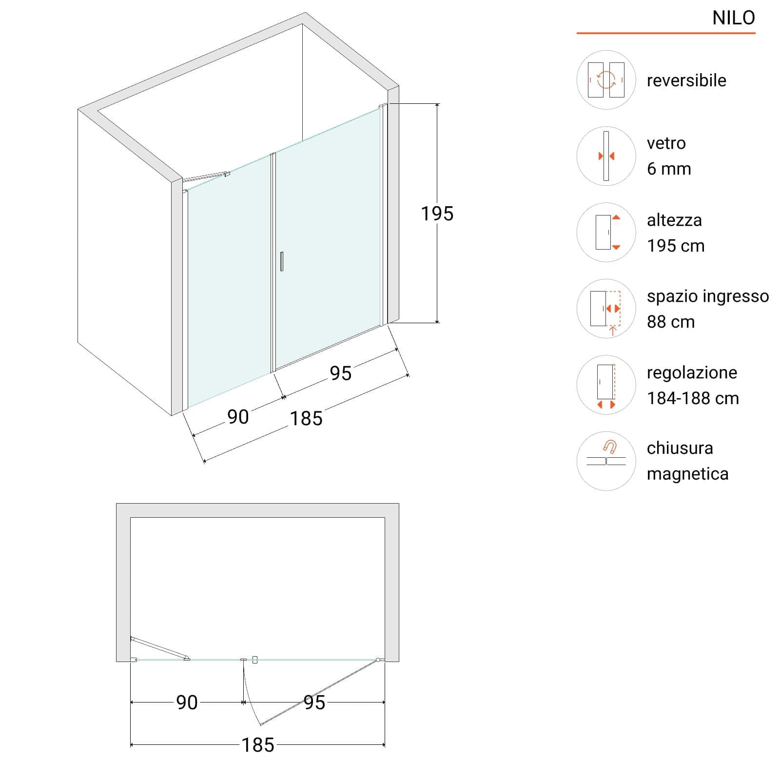 Box doccia nicchia 185 cm porta battente 100 cm e lato fisso trasparente - Nilo