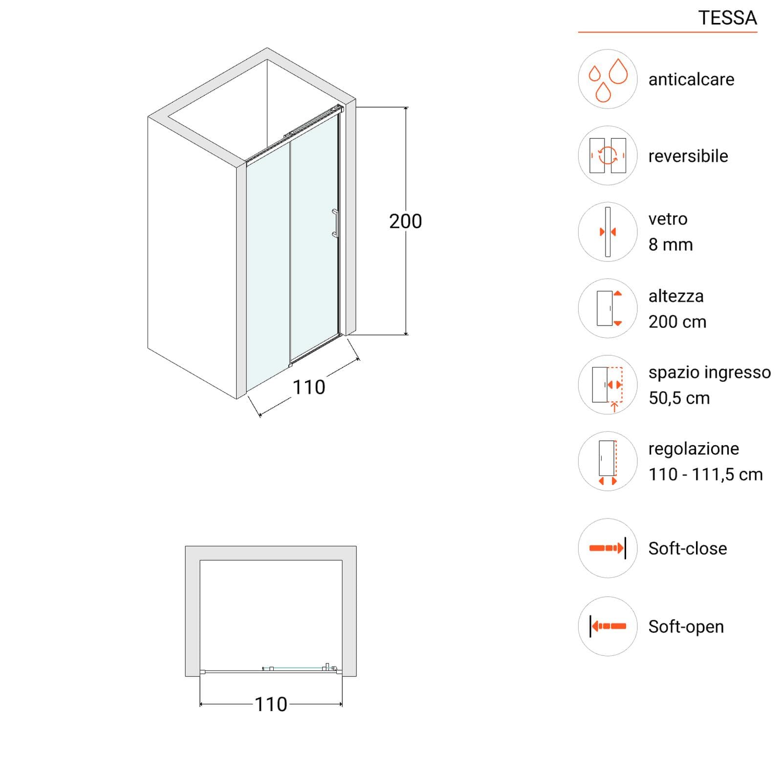 Box doccia nicchia 110 cm scorrevole in vetro temperato trasparente profilo spazzolato 200 h - Tessa