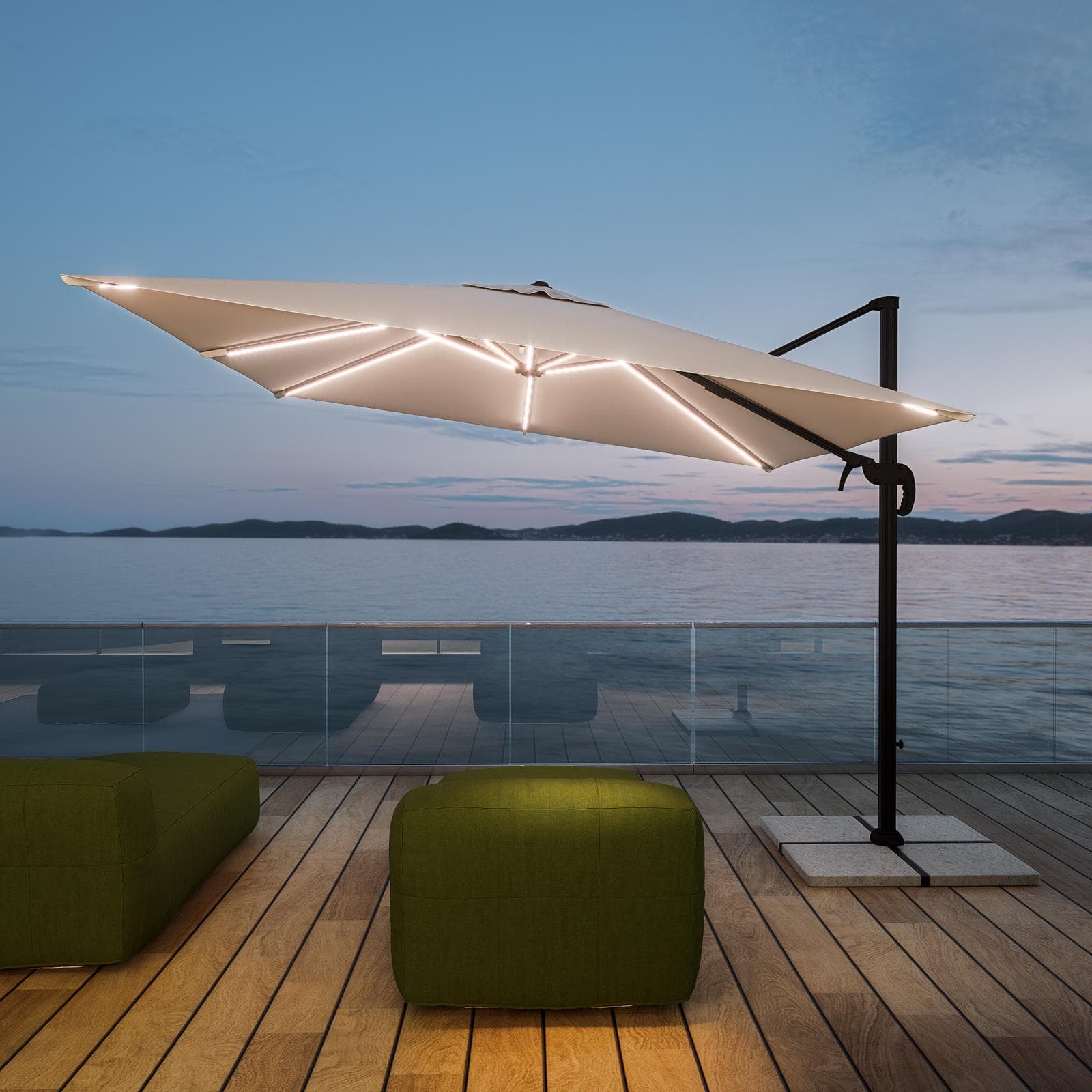 Ombrellone a LED 3x3 m palo laterale antracite e telo ecrù - Ibiza