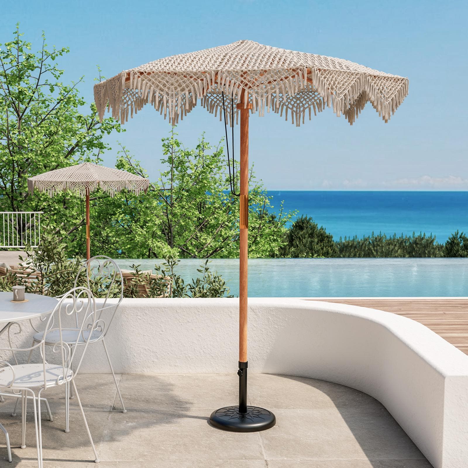 Ombrellone con palo centrale rotondo 2 m con telo macramè ecrù ed effetto legno- Macrame