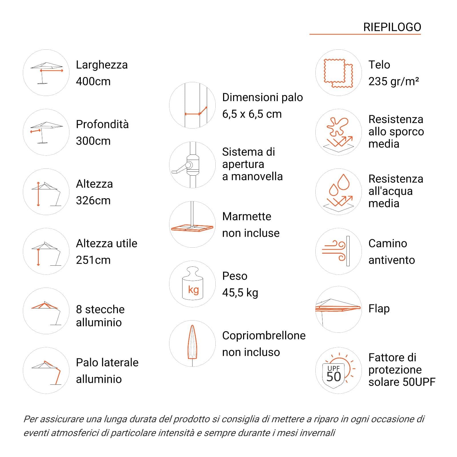 Ombrellone con palo laterale 4x3 m telo tortora con flap - Corfù