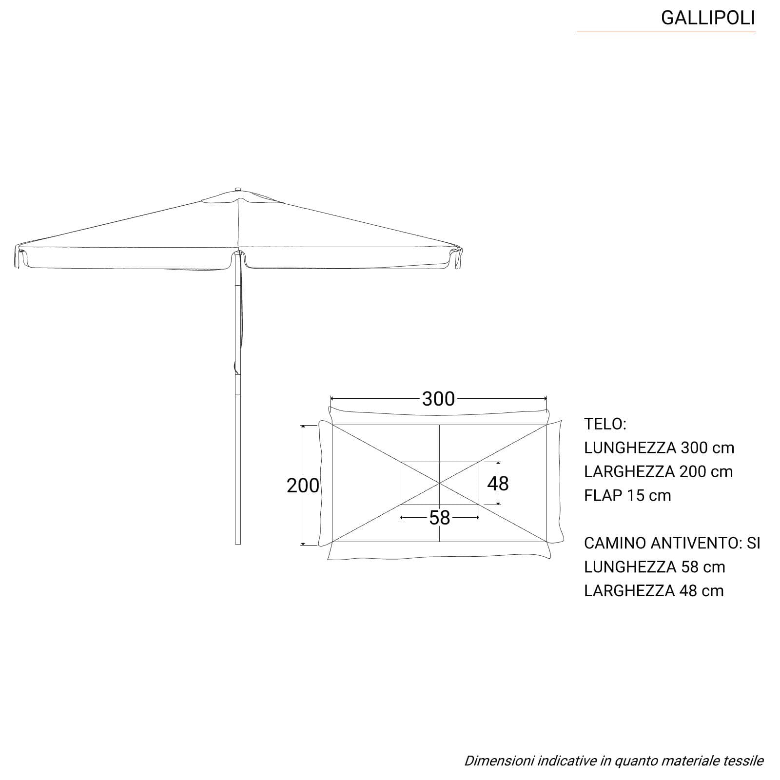 Ombrellone con palo centrale in legno 2x3 m e telo tortora con volant - Gallipoli