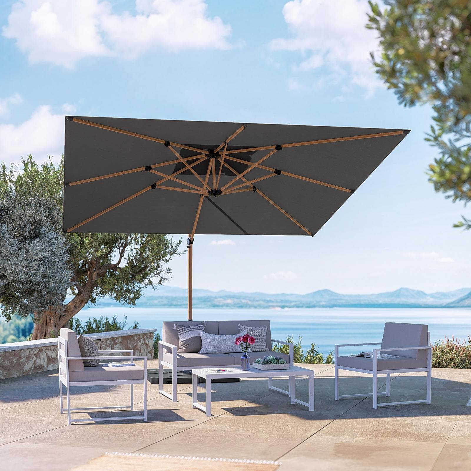 Ombrellone da giardino 3x3 m con palo laterale effetto legno e telo in tessuto olefin grigio marte - Saguaro