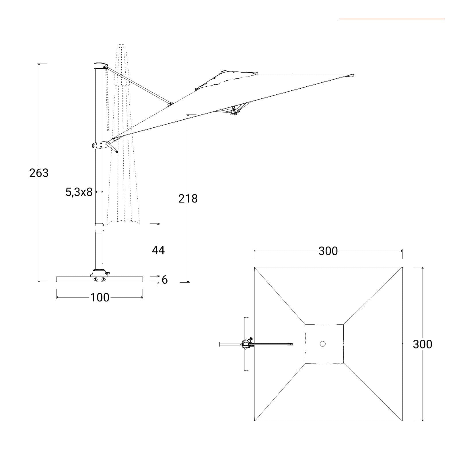 Ombrellone da giardino 3x3 m con palo laterale effetto legno e telo in tessuto olefin grigio marte - Saguaro
