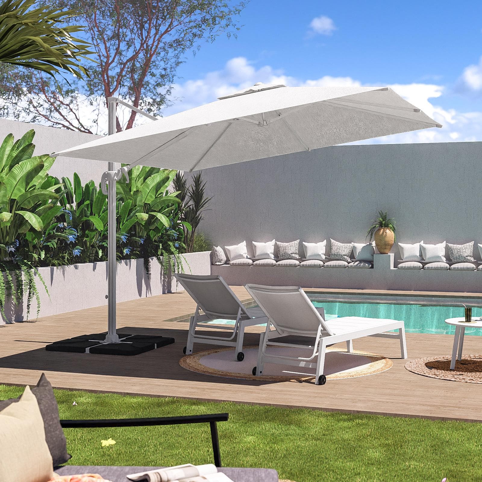 Ombrellone da giardino 3x3 m palo laterale telo bianco - Tenerife