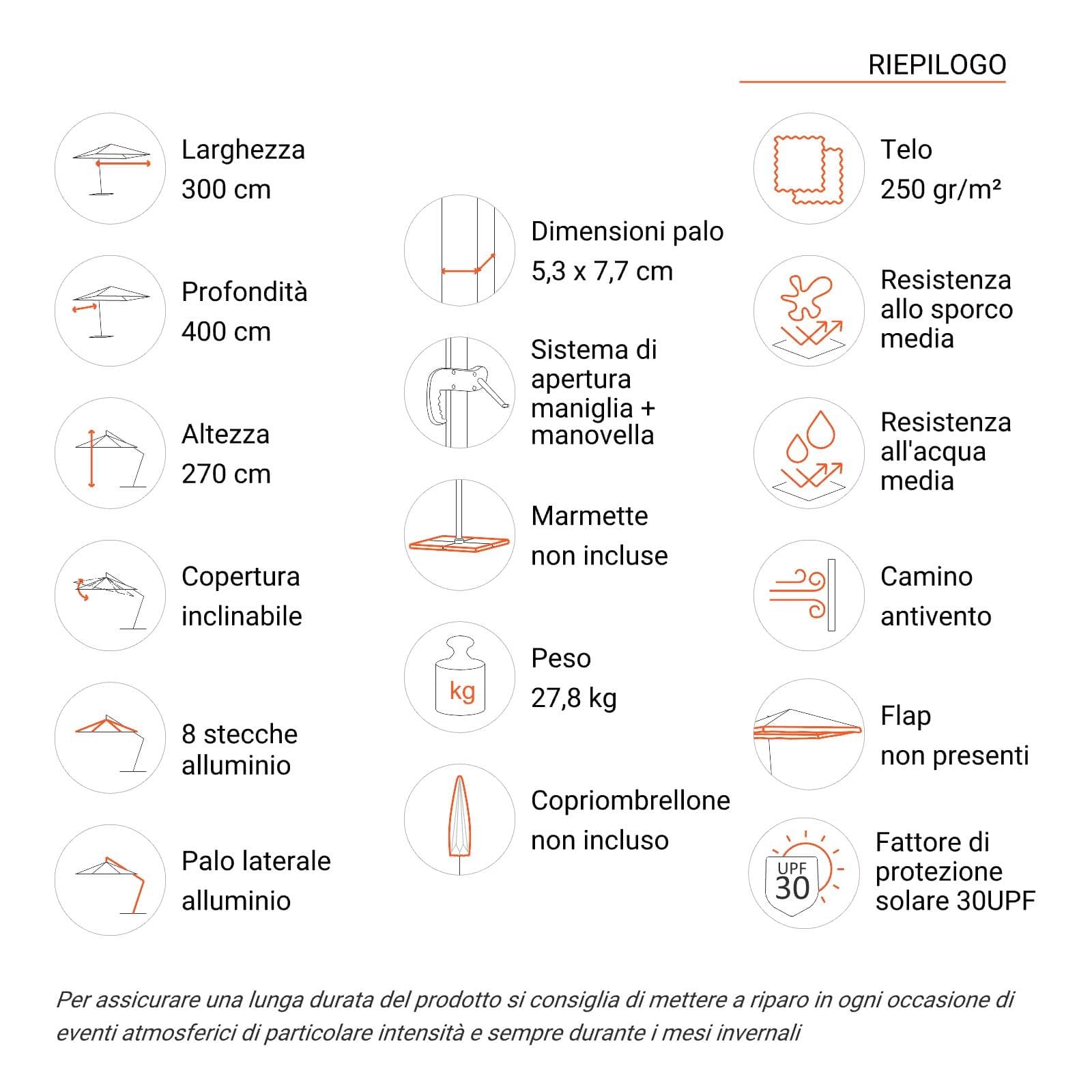 Ombrellone da giardino 3x4 m palo laterale effetto legno e telo ecrù - Roca