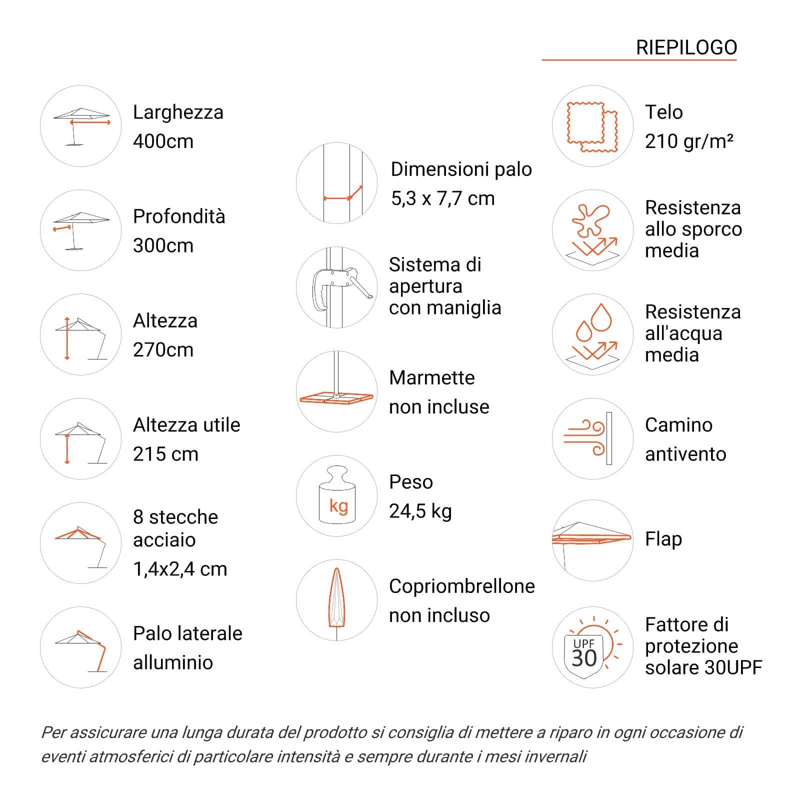 Ombrellone da giardino 4x3 m palo laterale antracite e telo ecrù con flap - Portos