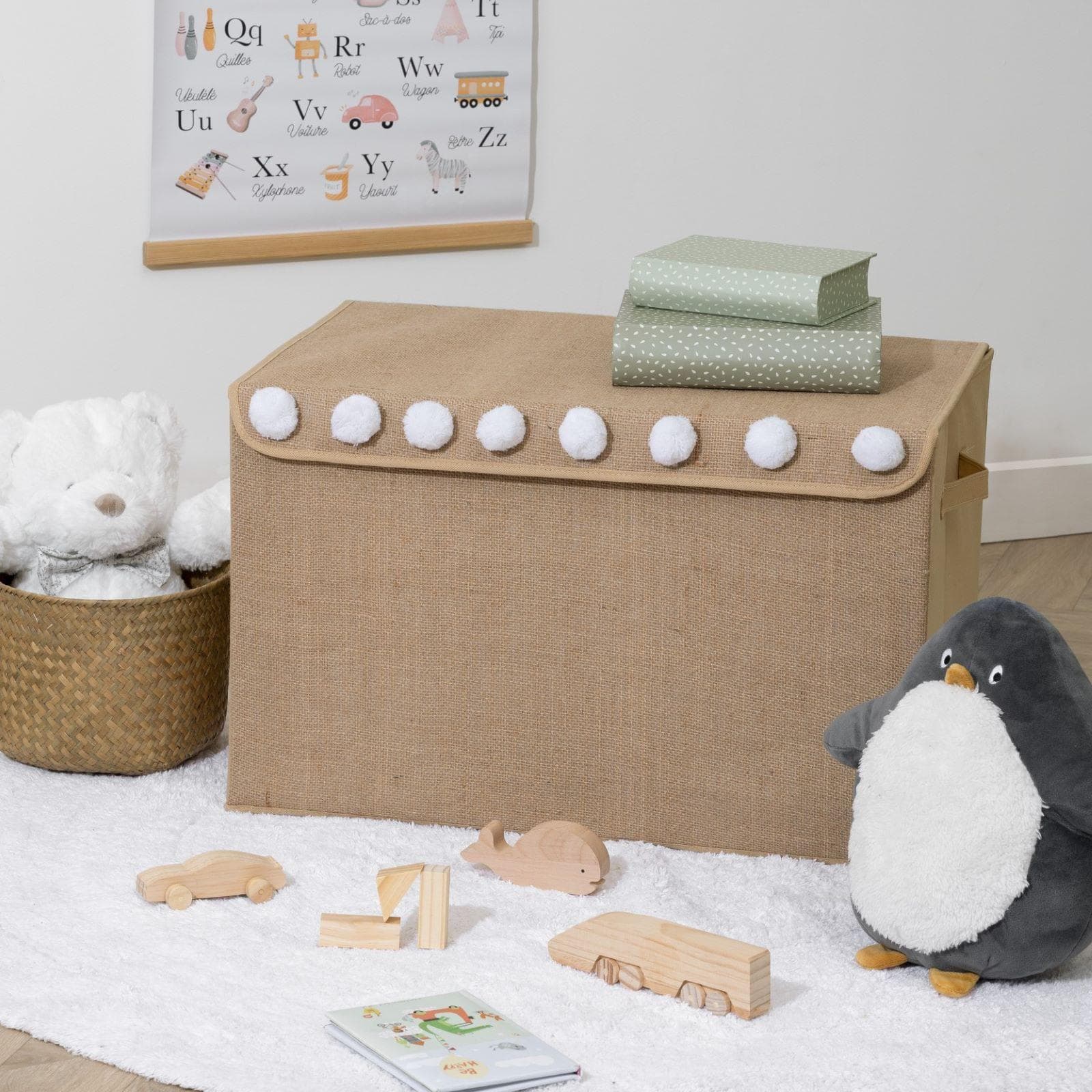 Organizer 36x57 cm pieghevole in juta naturale con coperchio e manici - Kids