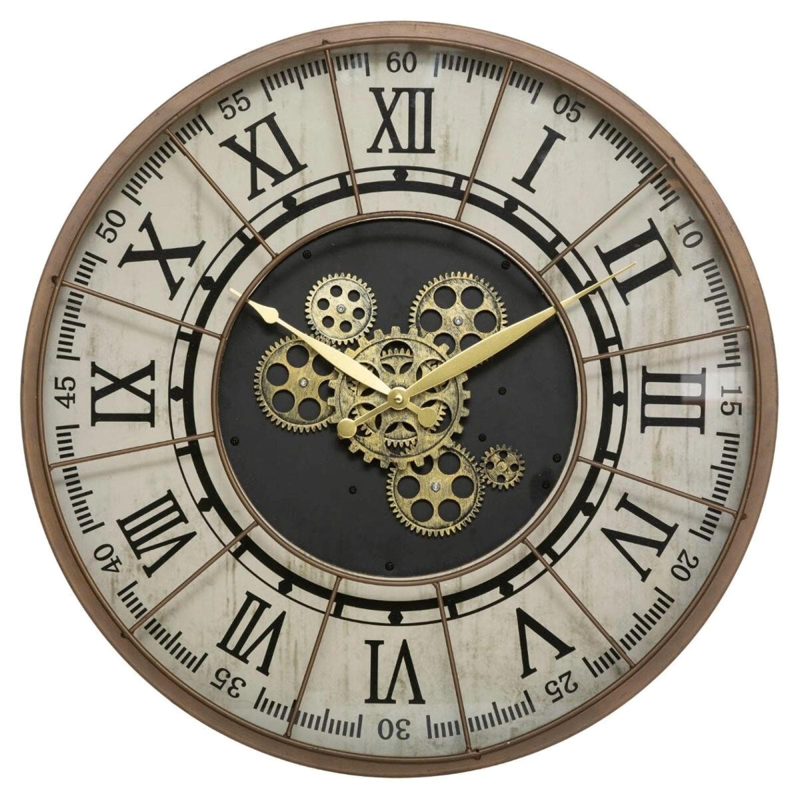 Orologio da parete rotondo 57 cm in legno e metallo color bronzo con ingranaggi oro