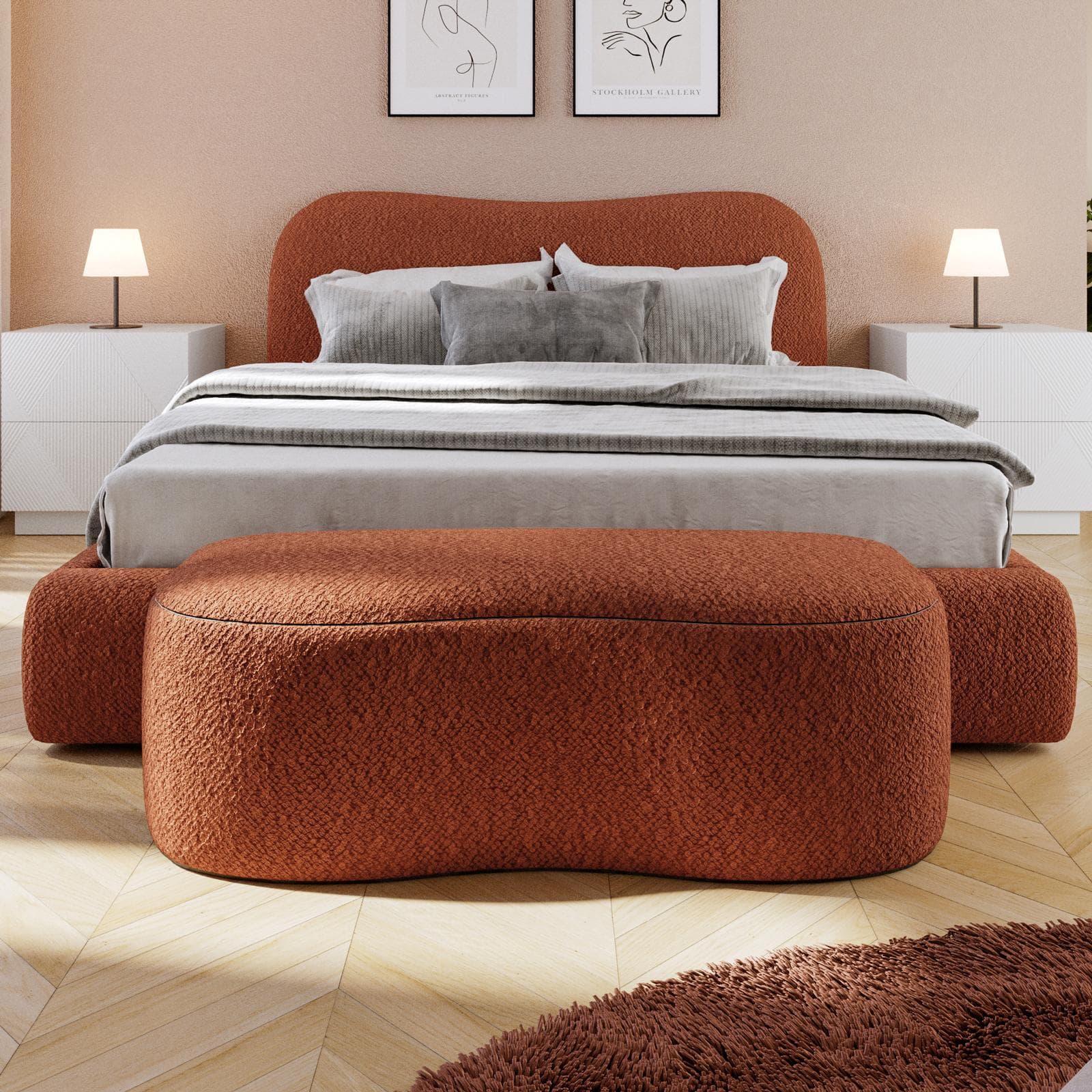 Panca contenitore 112x42 cm in bouclé ruggine con seduta imbottita - Bradley