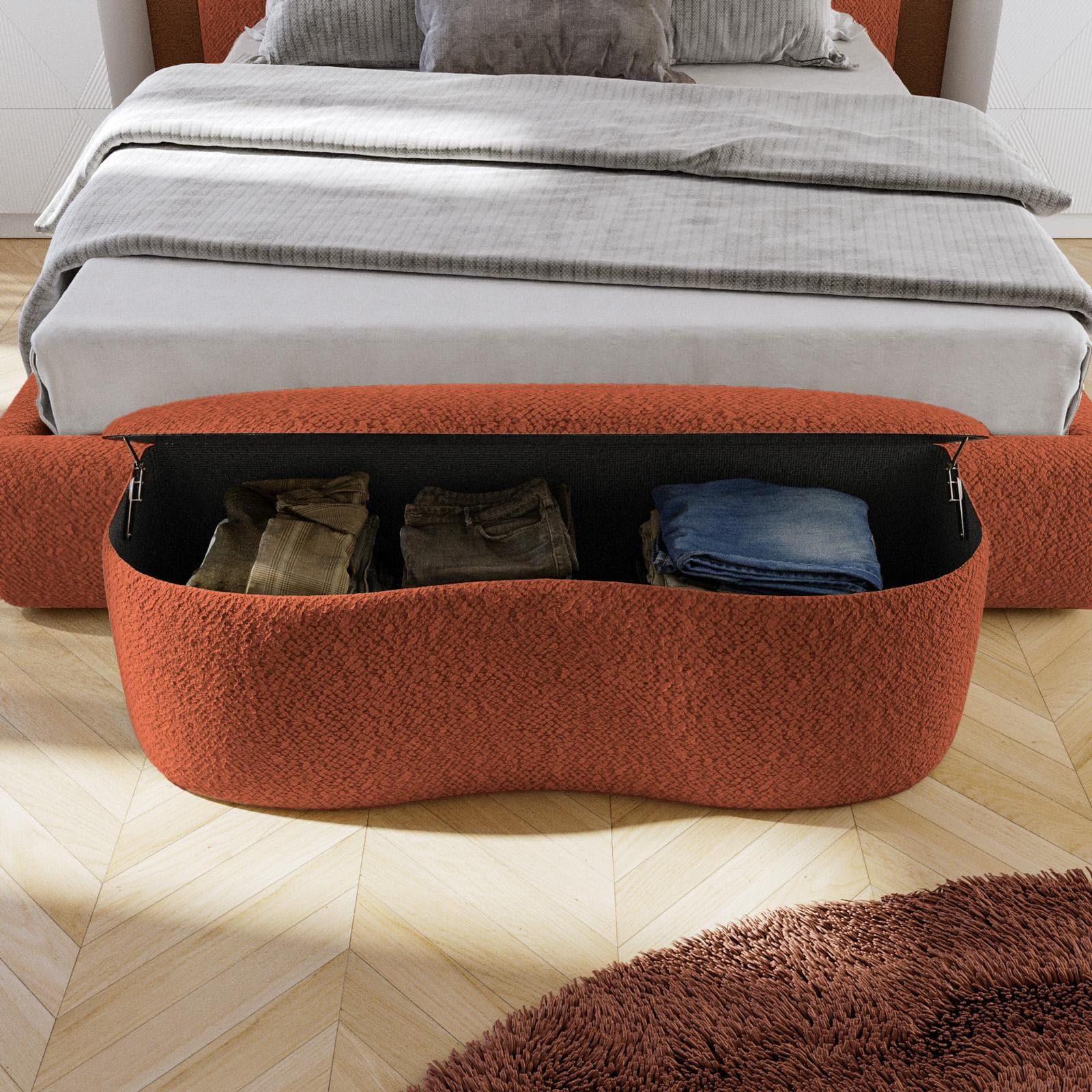 Panca contenitore 112x42 cm in bouclé ruggine con seduta imbottita - Bradley