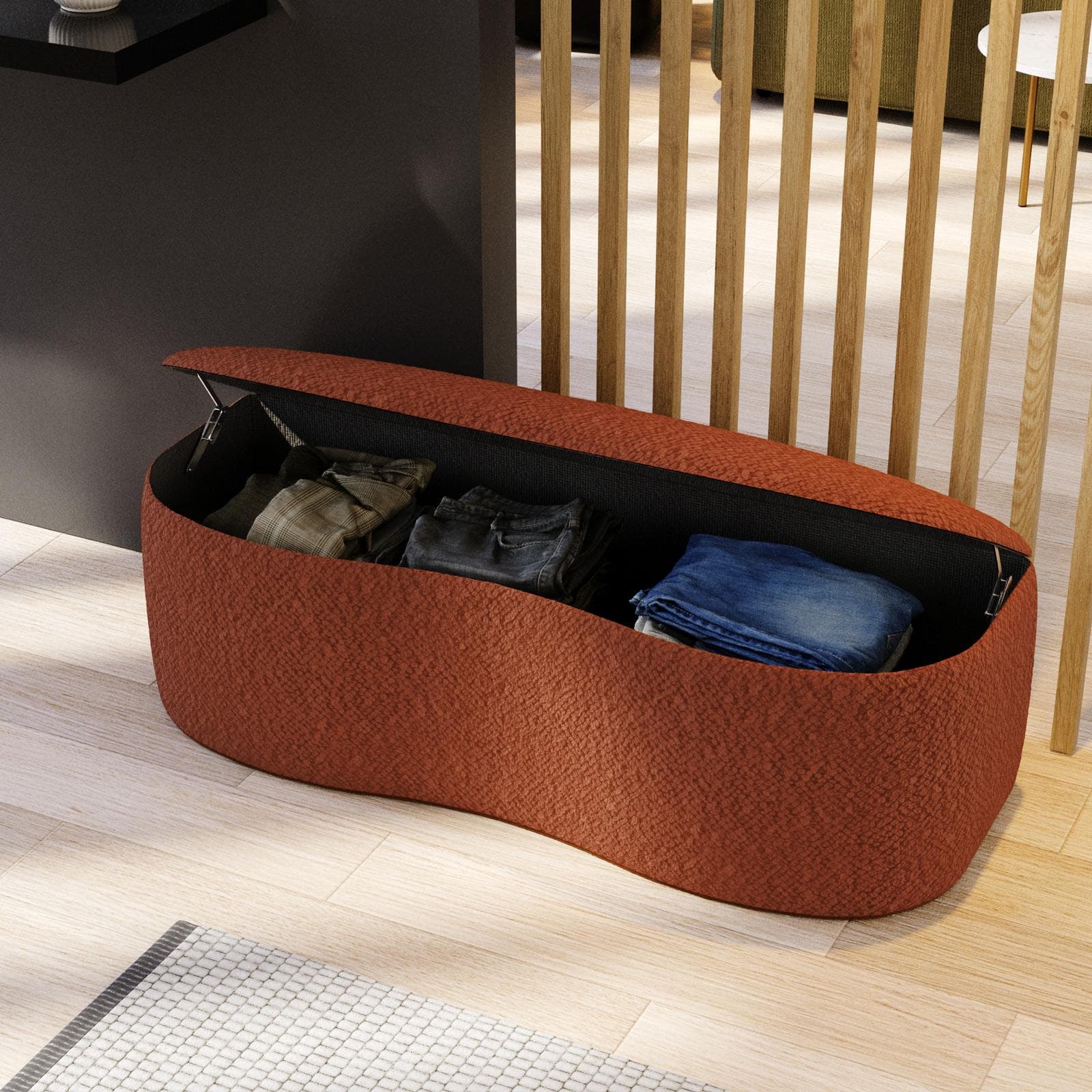 Panca contenitore 112x42 cm in bouclé ruggine con seduta imbottita - Bradley