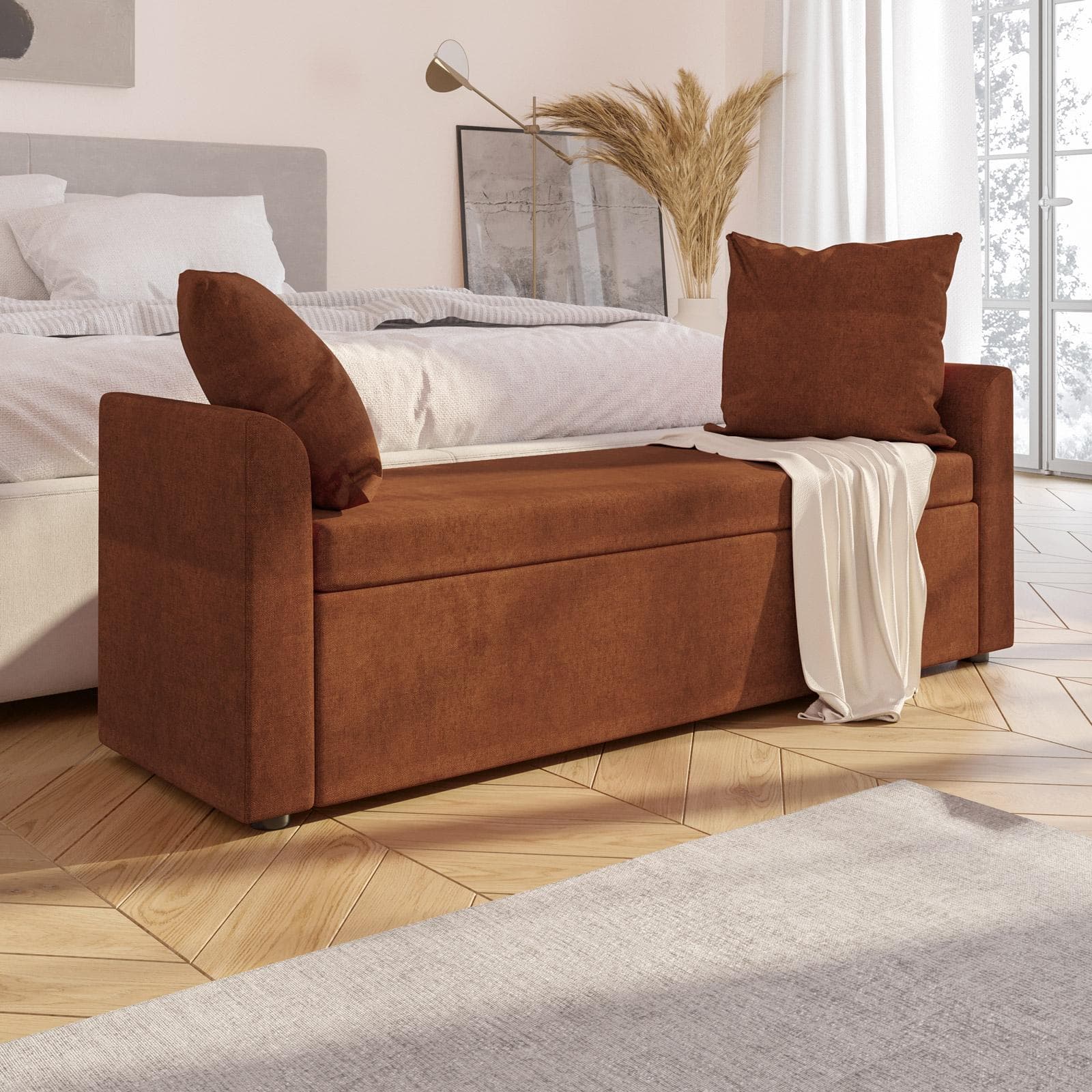 Panca contenitore 151x50h cm in tessuto terracotta con cuscini inclusi - Levia