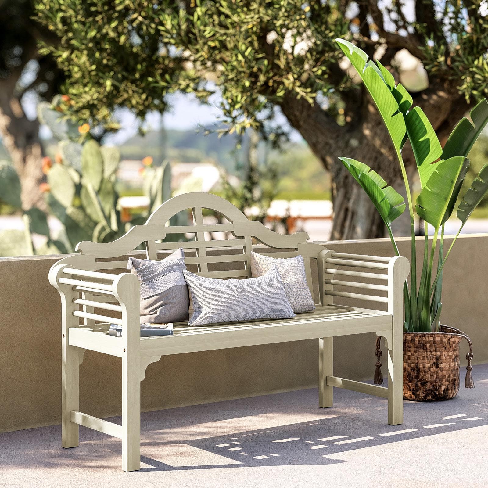 Panchina da giardino 3 posti in legno d'acacia bianco antico stile classico - Disha