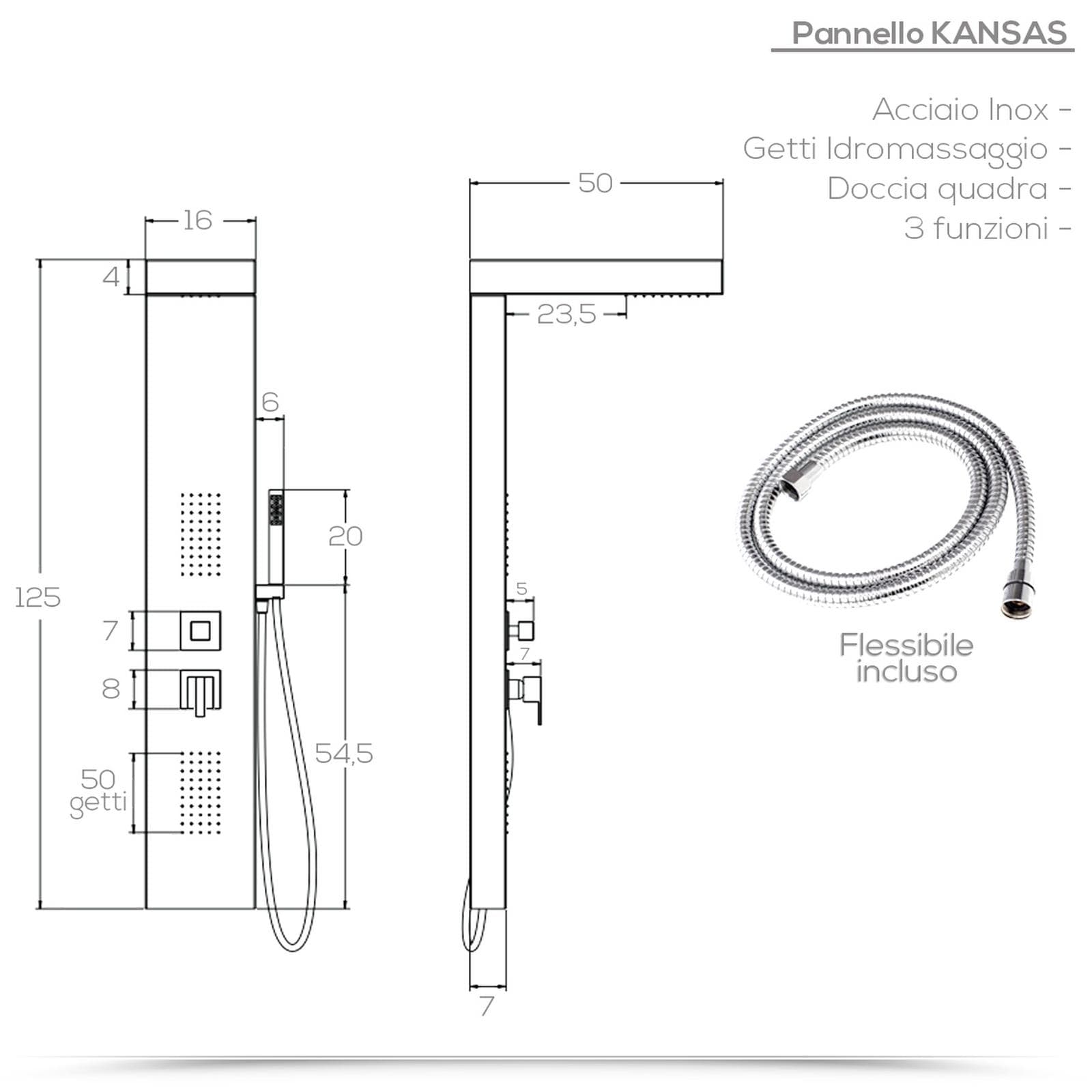 Pannello doccia idromassaggio squadrato in acciaio inox con 150 getti anticalcare - Kansas