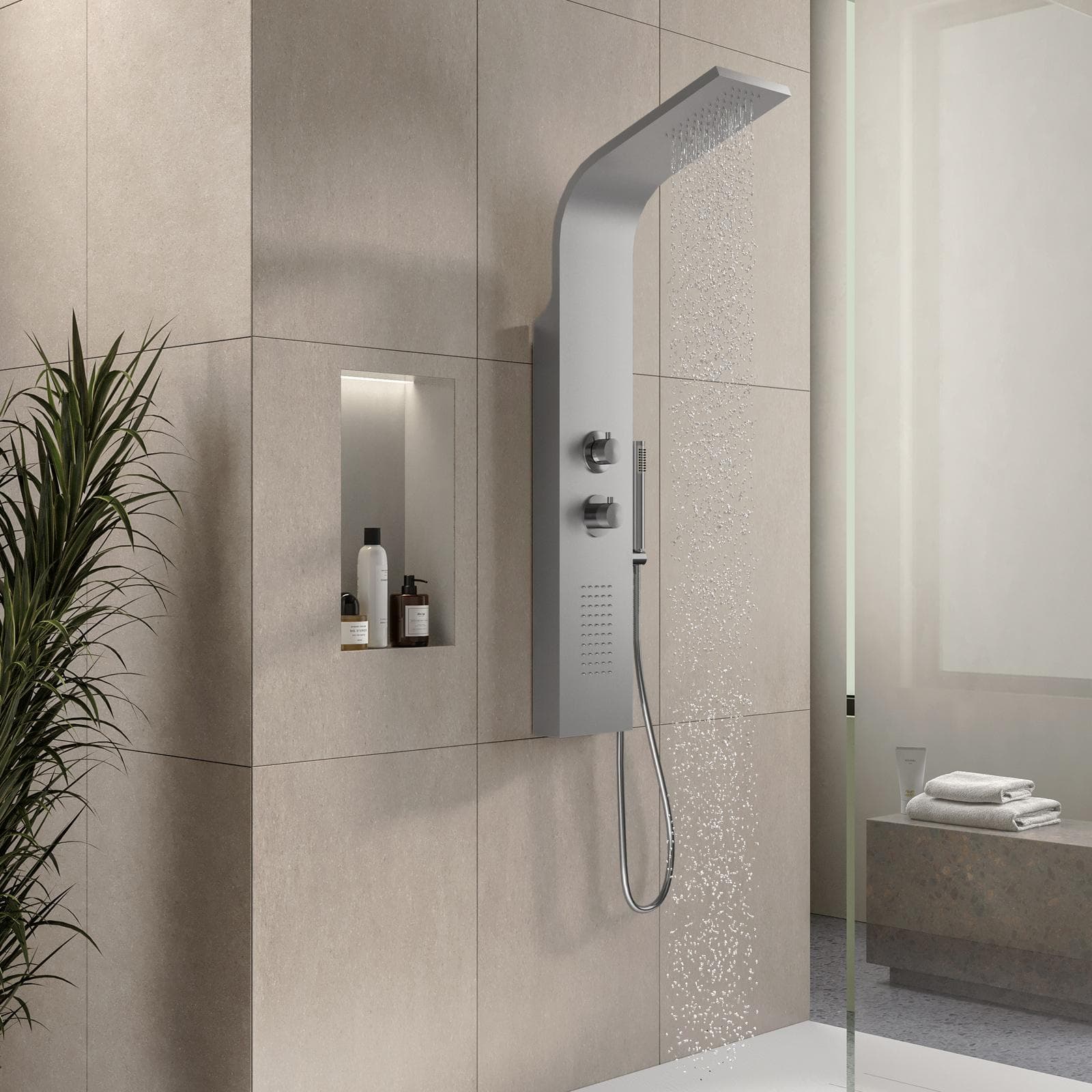 Pannello doccia termostatico in acciaio inox satinato getti idromassaggio - Swing