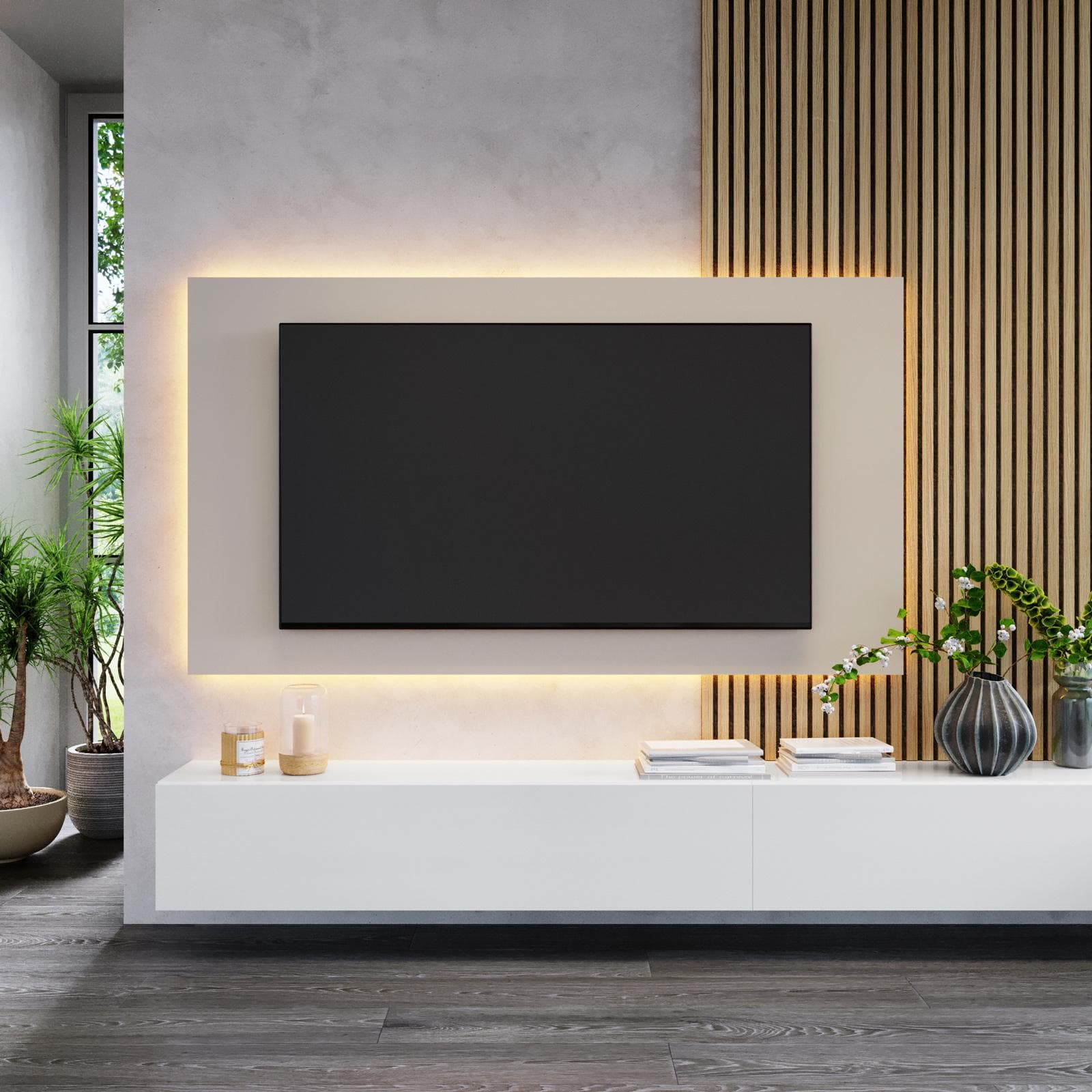 Pannello porta tv 180x100h cm cashmere con foro passacavi - Clary