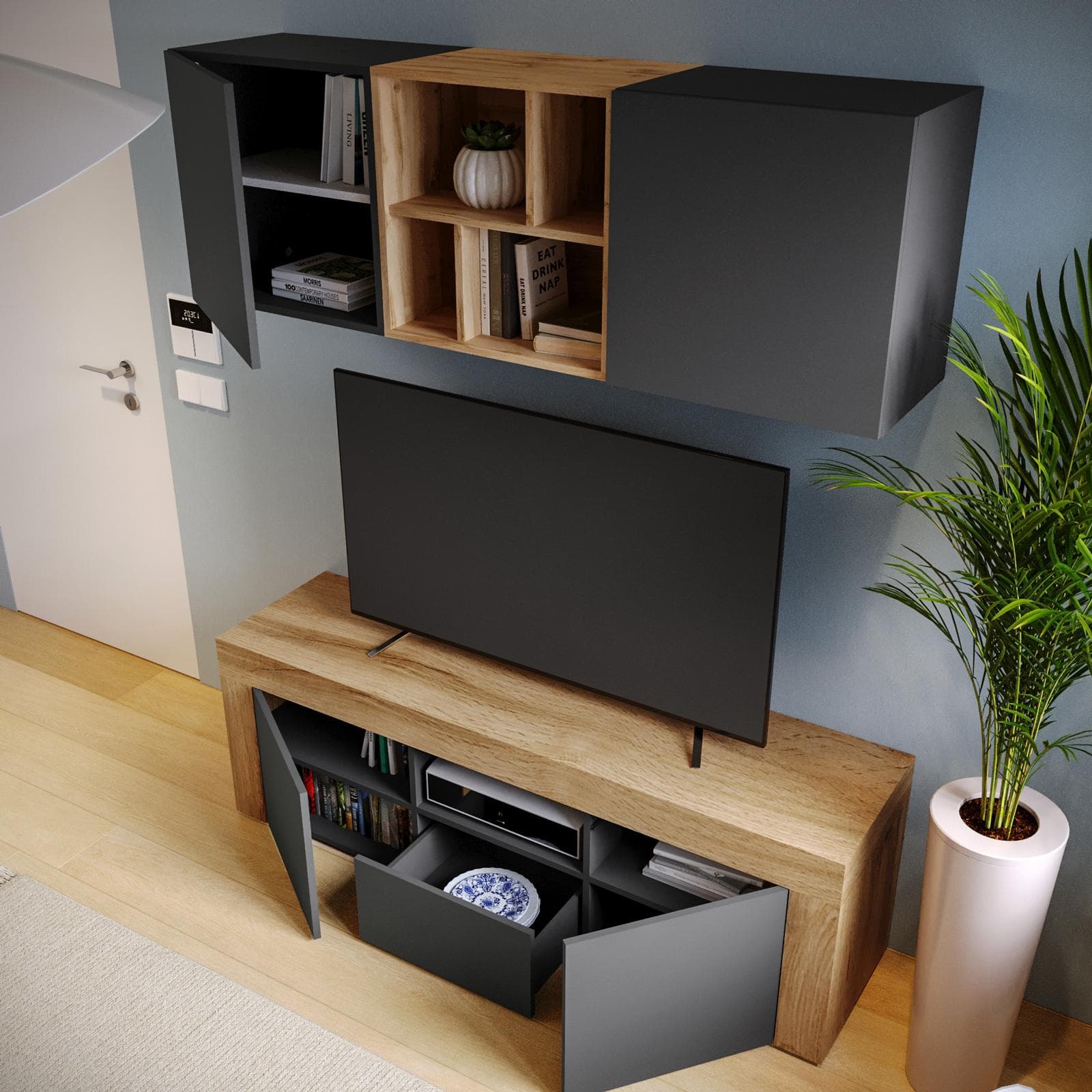 Parete attrezzata 155x40 cm antracite e rovere wotan - Kayros
