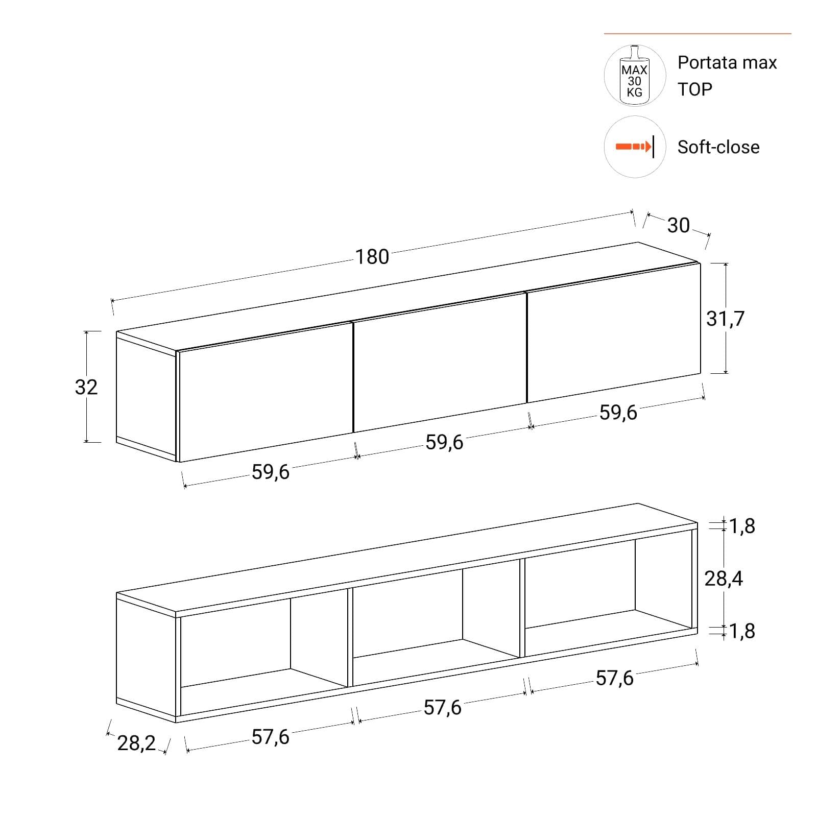 Parete attrezzata 180 cm 2 pensili antracite e noce effetto parquet con 5 ante - Betka