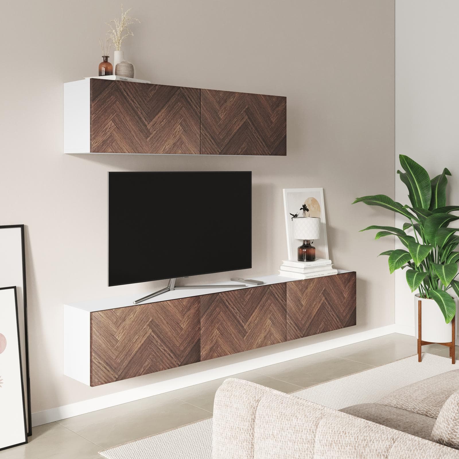 Parete attrezzata 180 cm 2 pensili bianco e noce effetto parquet con 5 ante - Betka