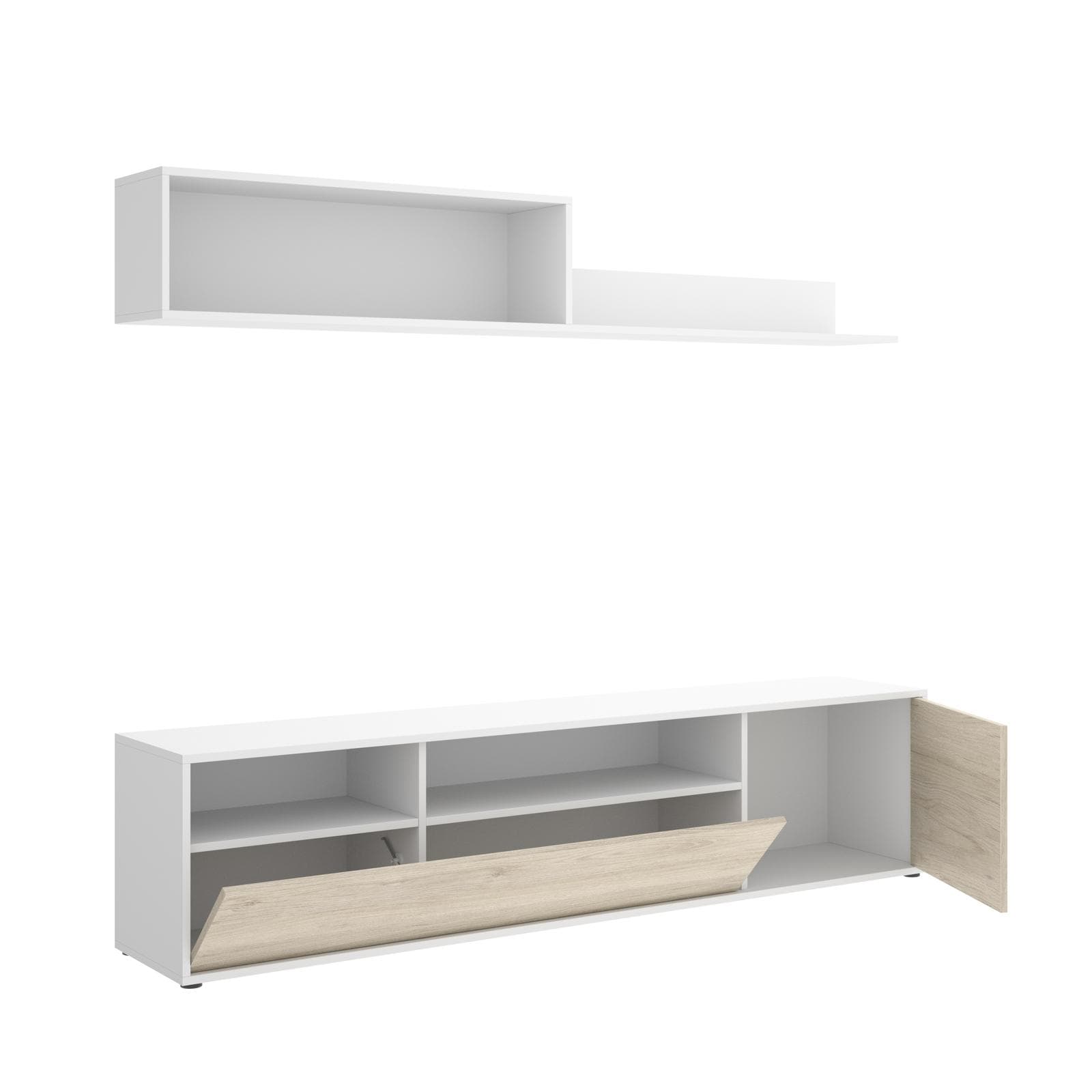 Parete attrezzata 180 cm bianco ed effetto rovere naturale con vani a giorno e 2 ante - Beverly