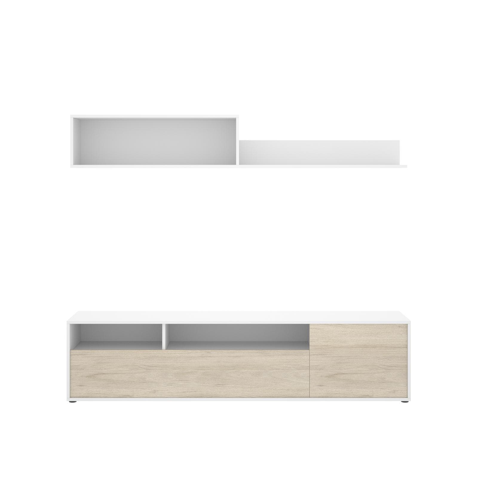 Parete attrezzata 180 cm bianco ed effetto rovere naturale con vani a giorno e 2 ante - Beverly